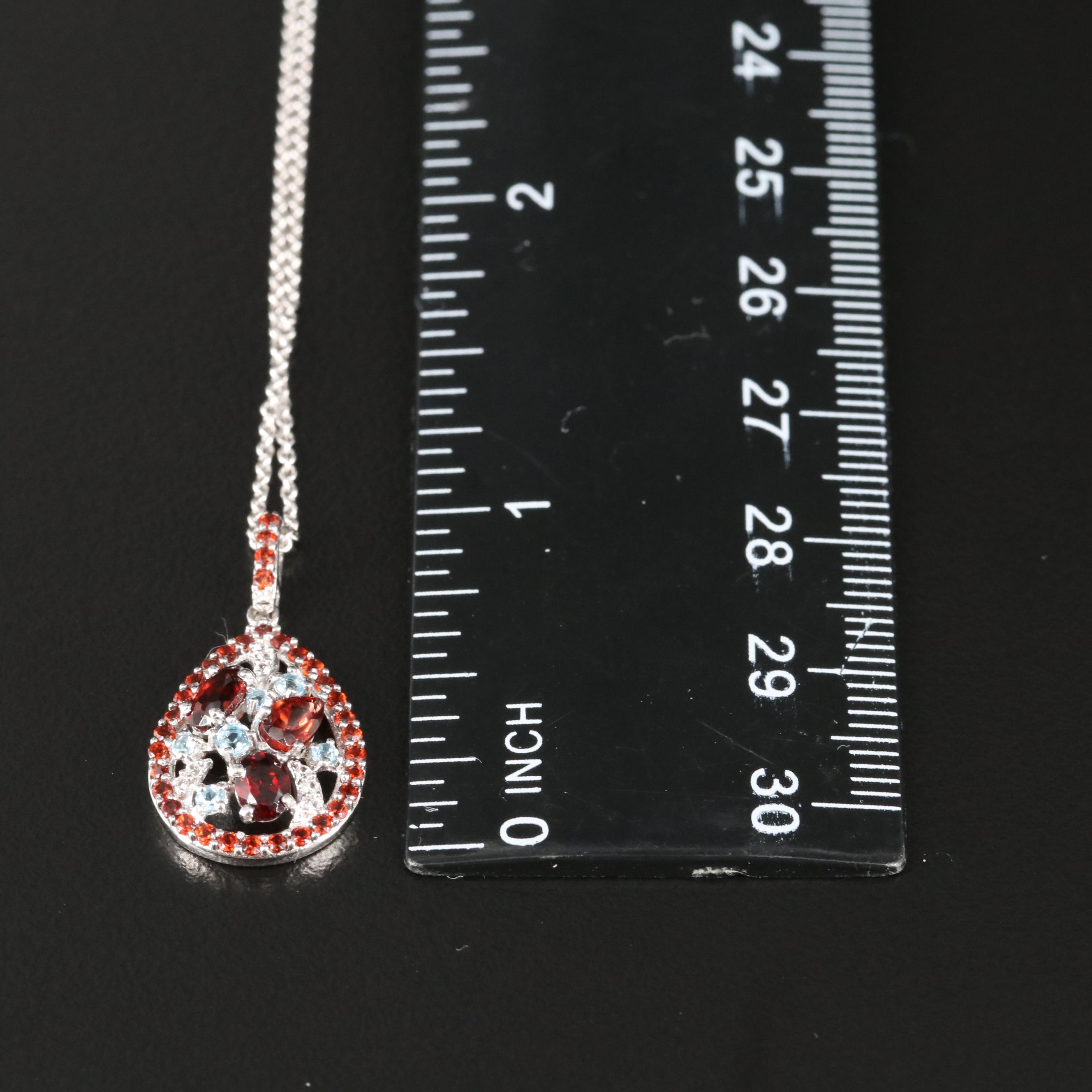 Sterling Garnet, Aquamarine and Topaz Cluster Pendant Necklace