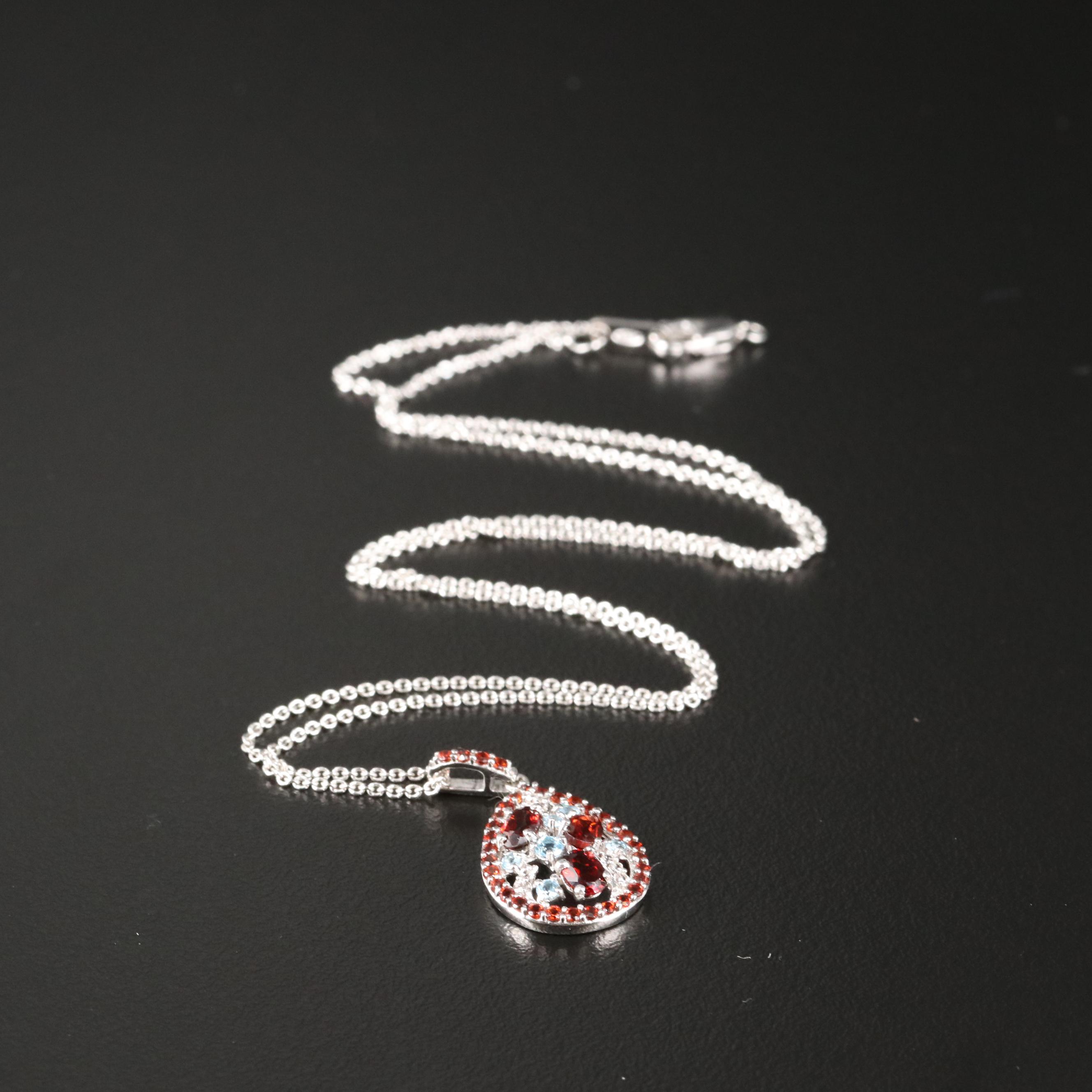 Sterling Garnet, Aquamarine and Topaz Cluster Pendant Necklace