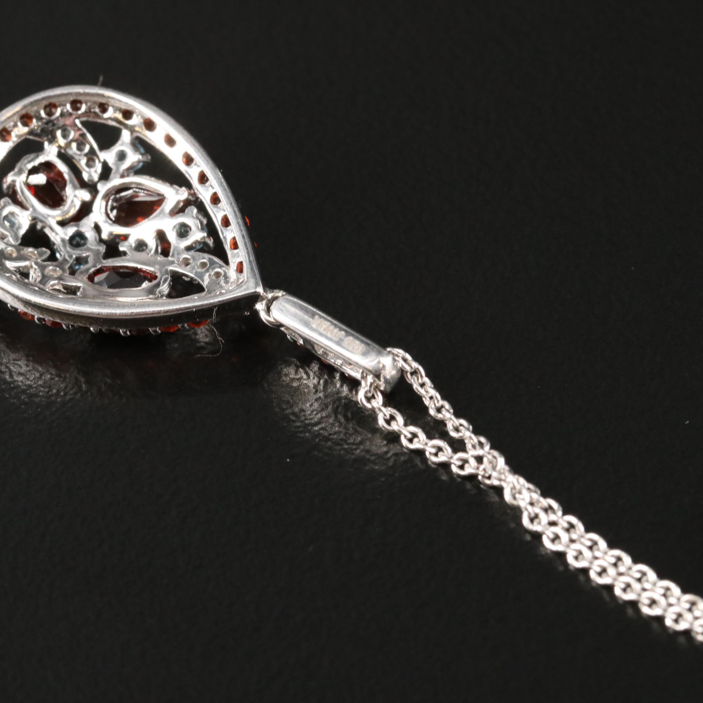 Sterling Garnet, Aquamarine and Topaz Cluster Pendant Necklace