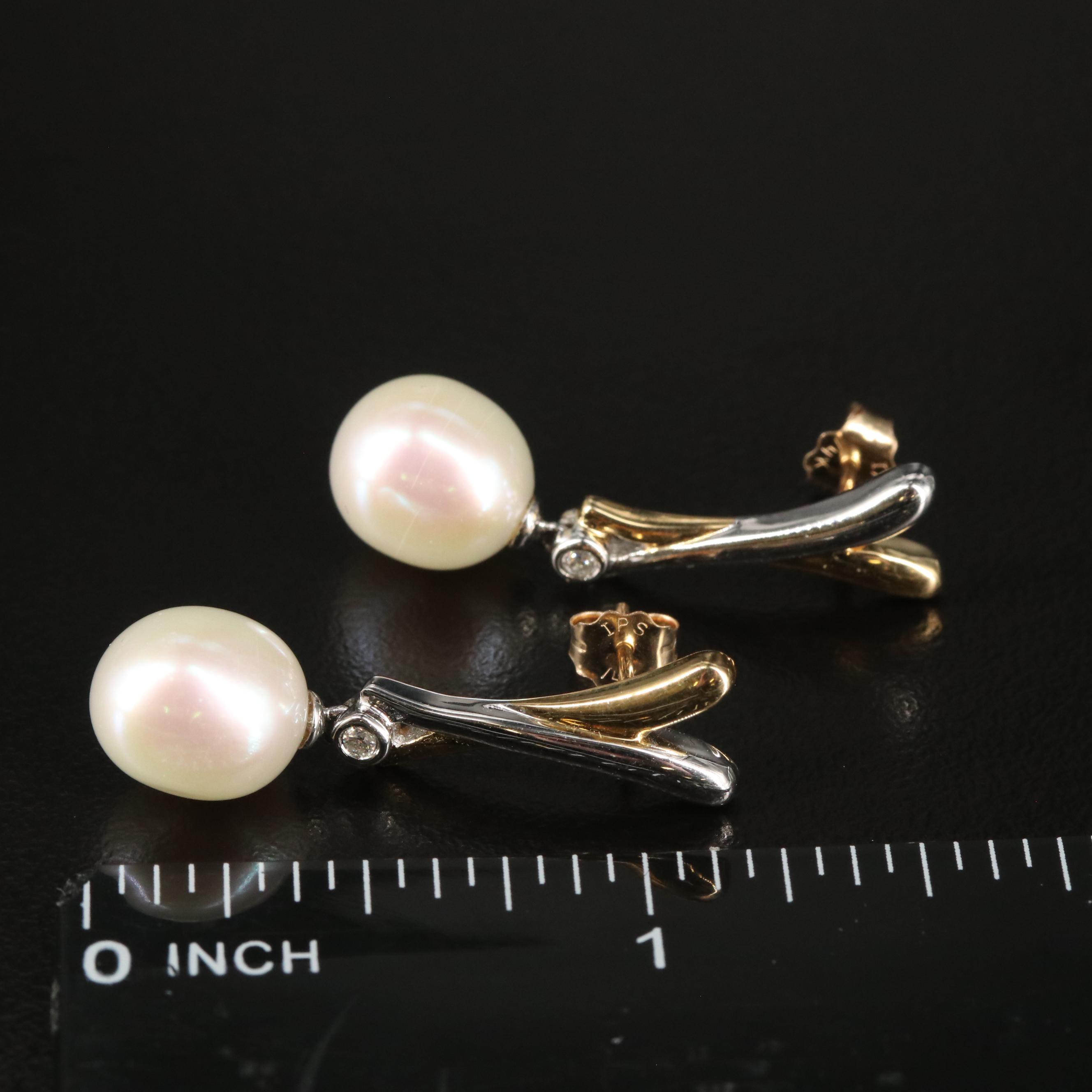14K Two-Tone Diamond and Pearl Drop Earrings