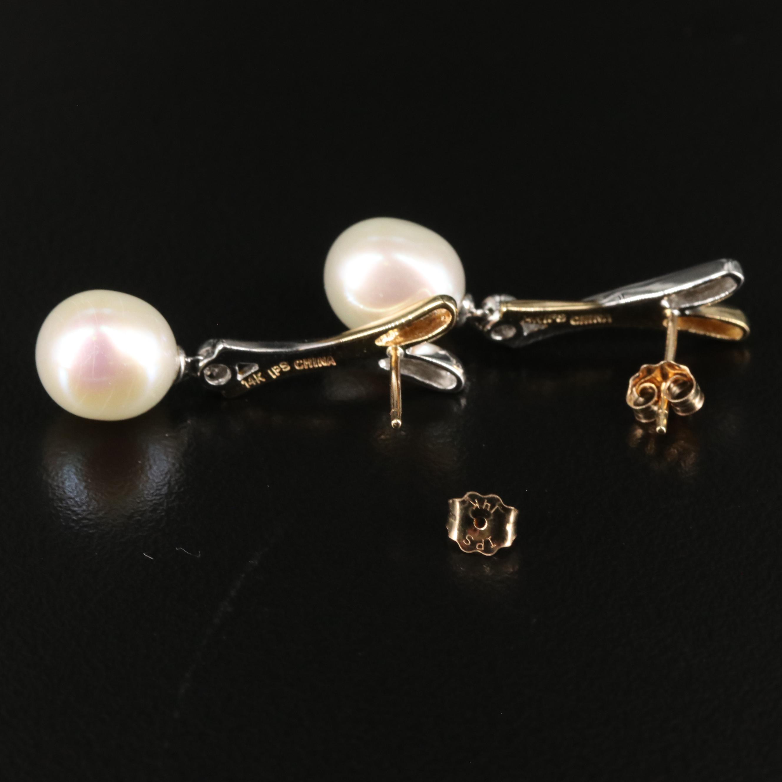 14K Two-Tone Diamond and Pearl Drop Earrings