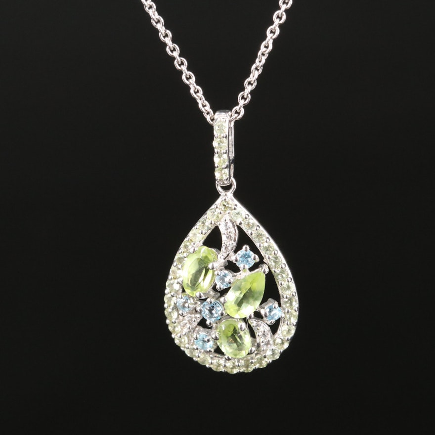 Sterling Peridot, Aquamarine and Sapphire Pendant Necklace