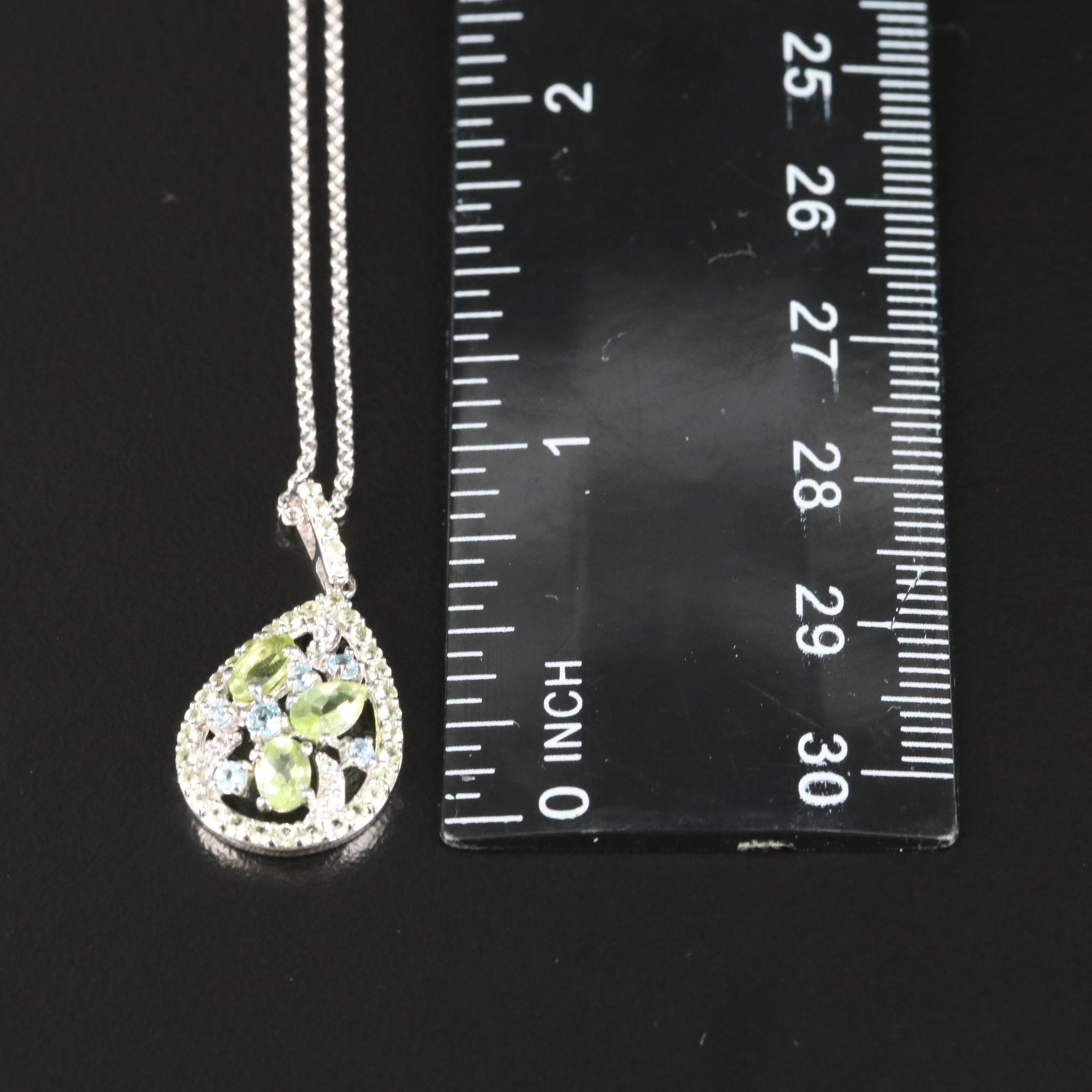 Sterling Peridot, Aquamarine and Sapphire Pendant Necklace