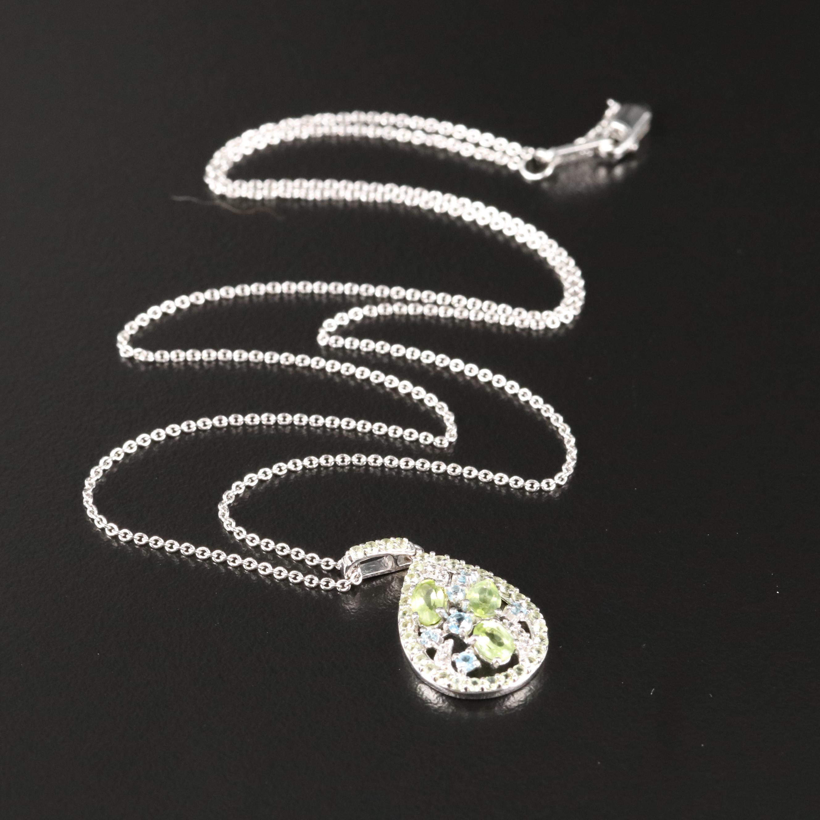 Sterling Peridot, Aquamarine and Sapphire Pendant Necklace