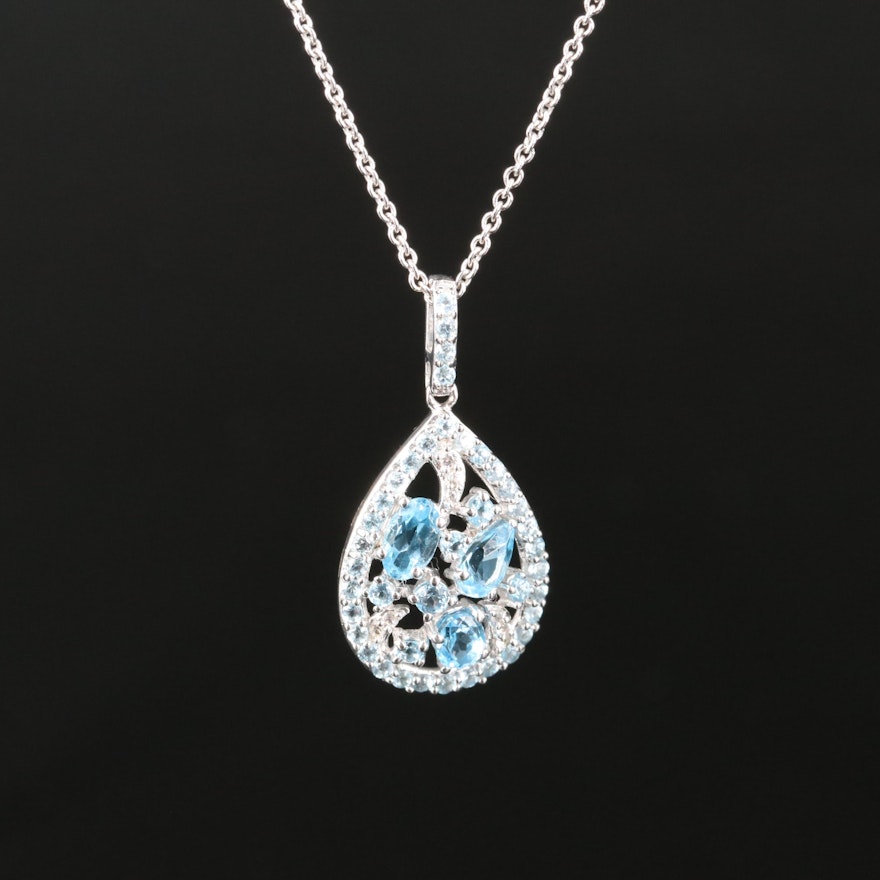 Sterling Topaz and Sapphire Cluster Pendant Necklace