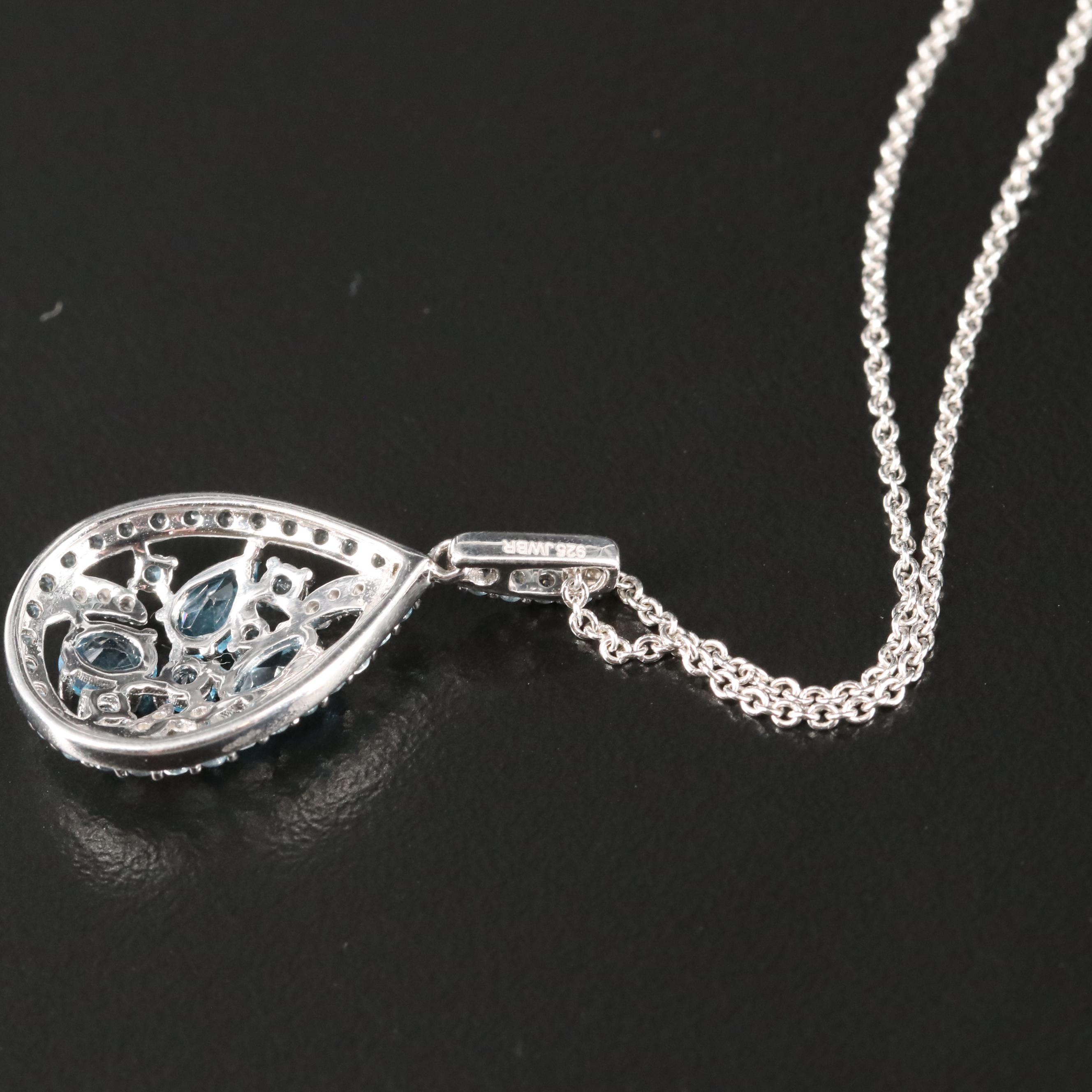 Sterling Topaz and Sapphire Cluster Pendant Necklace