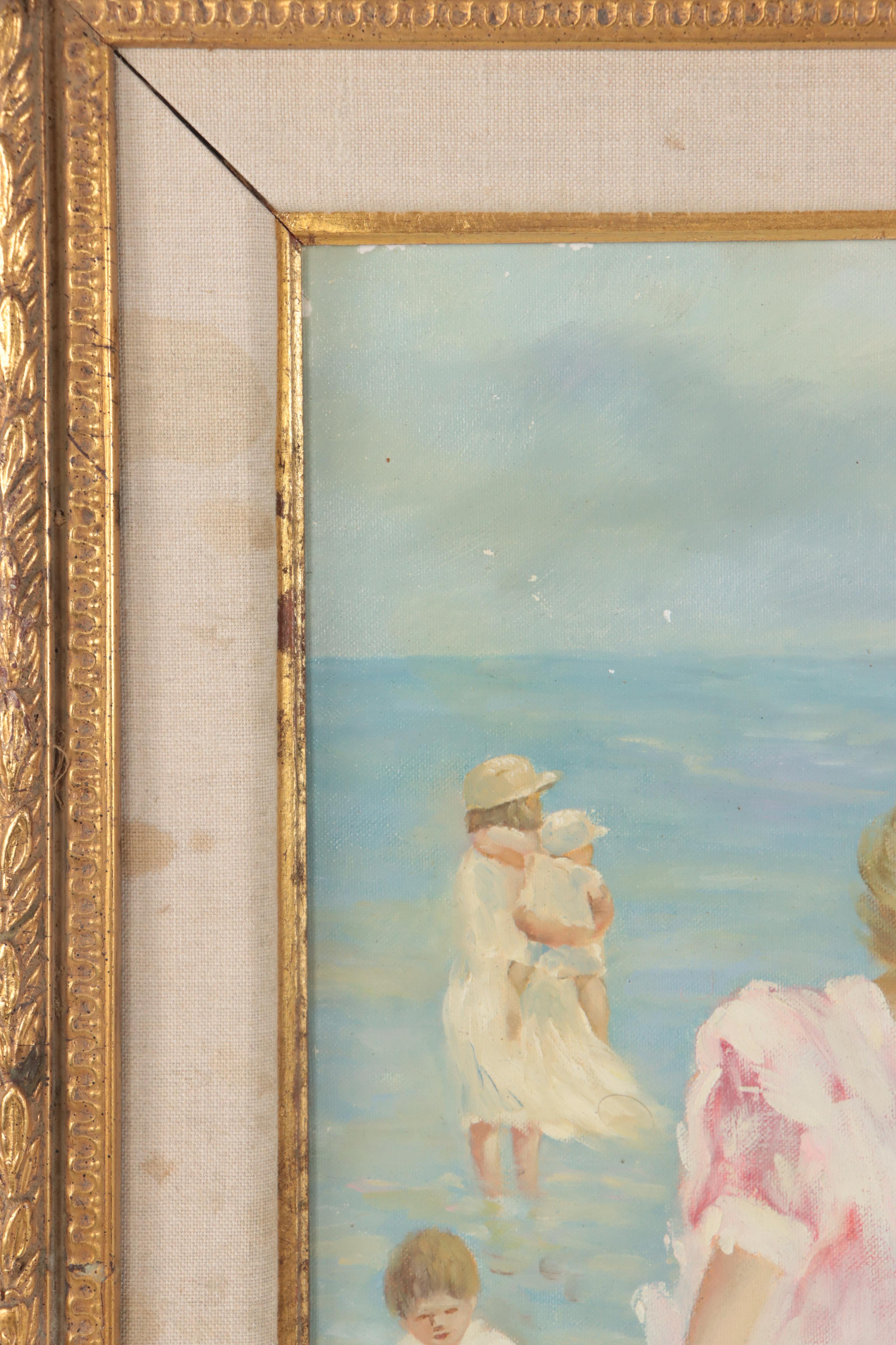 Andrea Dori Oil Painting of Children on the Beach After Hélène Léveillée