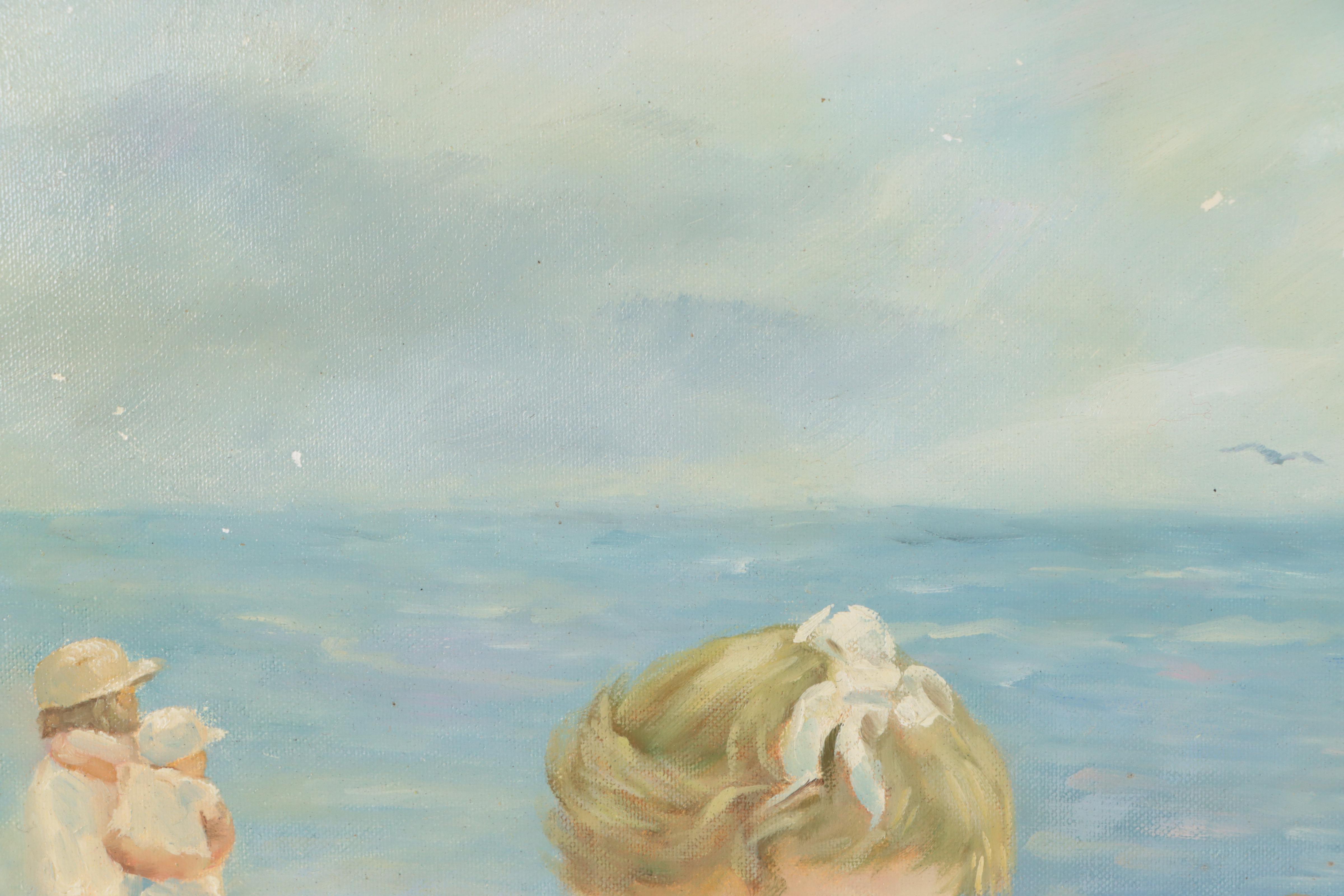 Andrea Dori Oil Painting of Children on the Beach After Hélène Léveillée