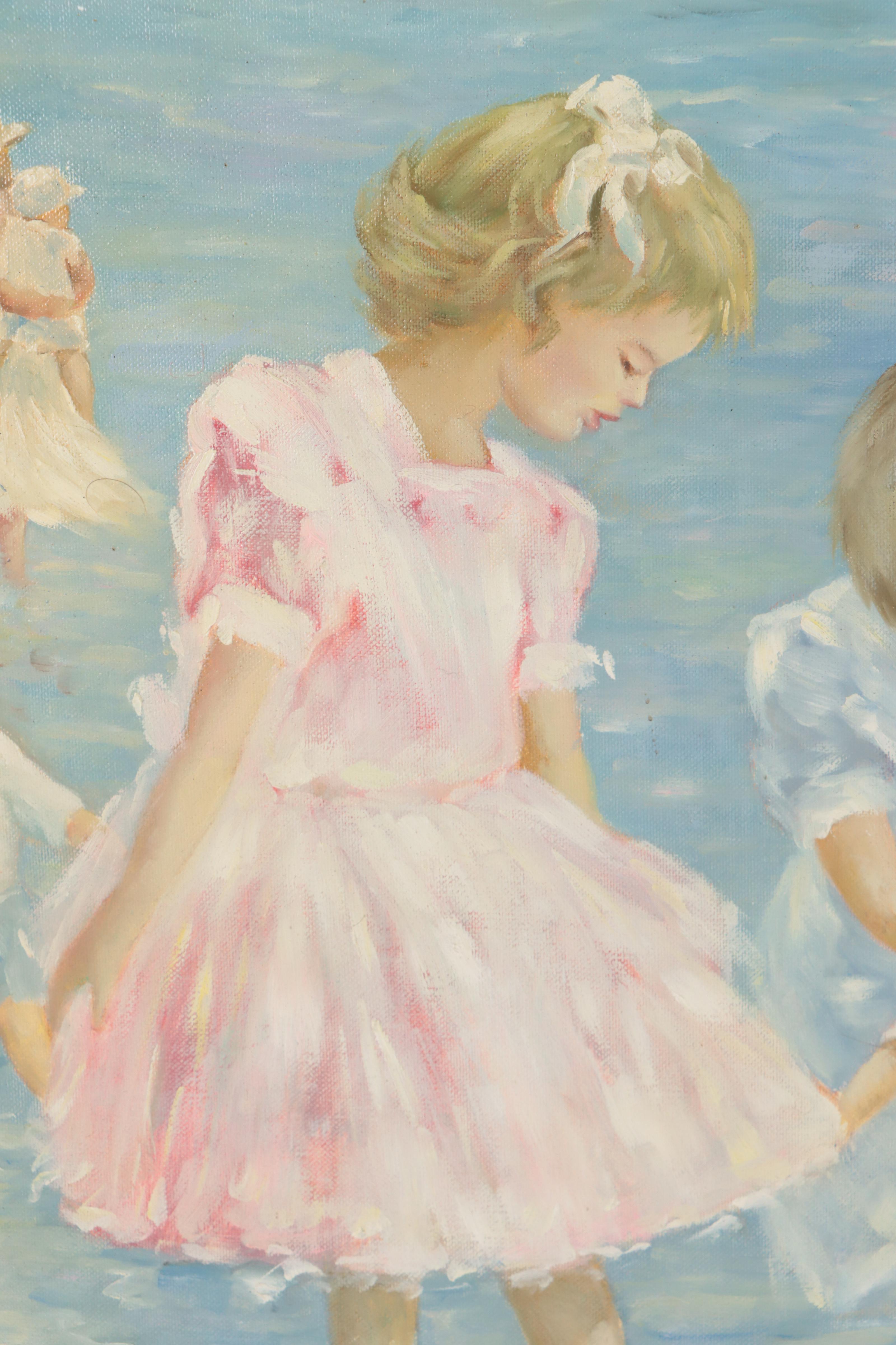 Andrea Dori Oil Painting of Children on the Beach After Hélène Léveillée