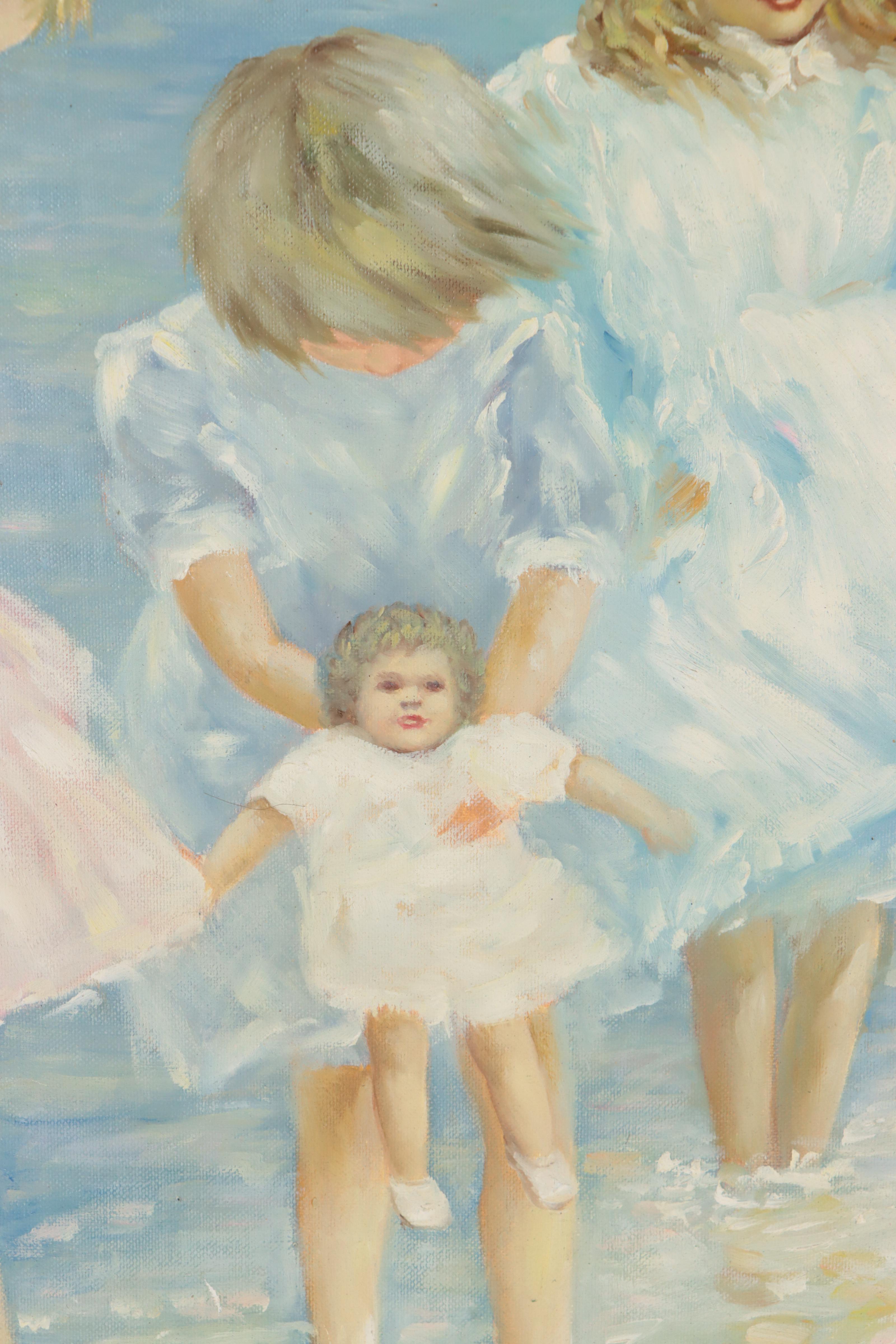 Andrea Dori Oil Painting of Children on the Beach After Hélène Léveillée