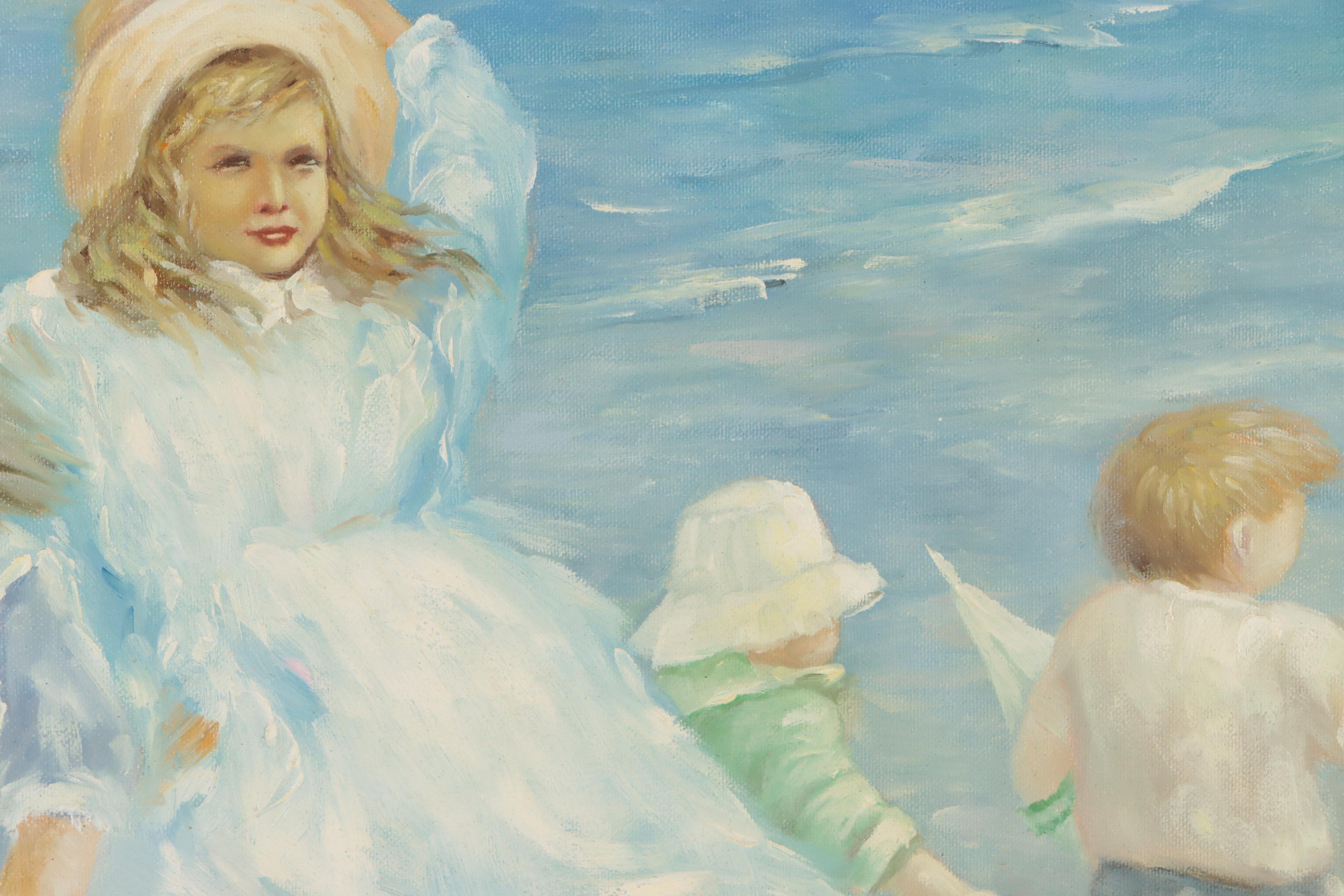Andrea Dori Oil Painting of Children on the Beach After Hélène Léveillée