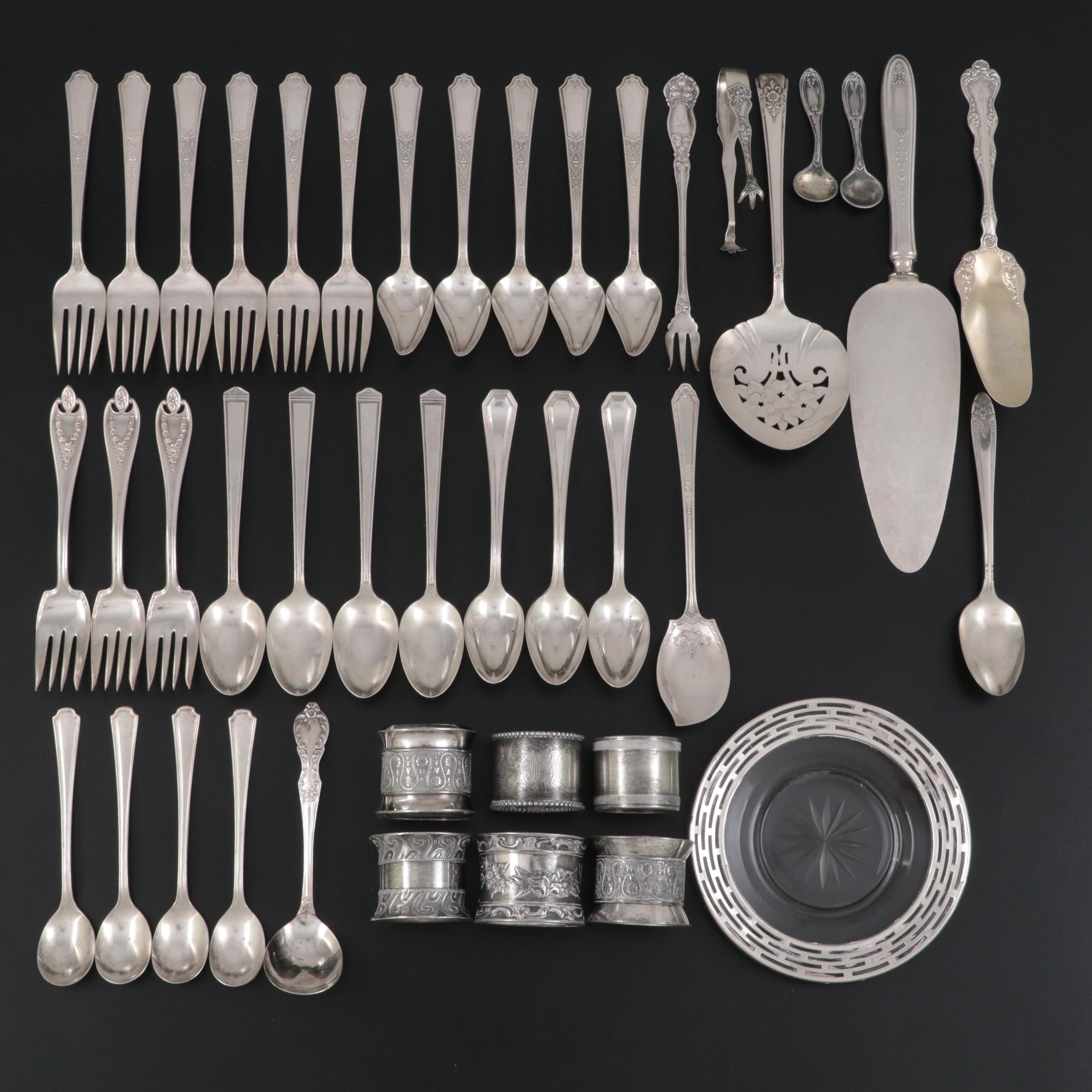 Sterling Silver Tongs with Sterling Silver Rimmed Plate and Other Tableware