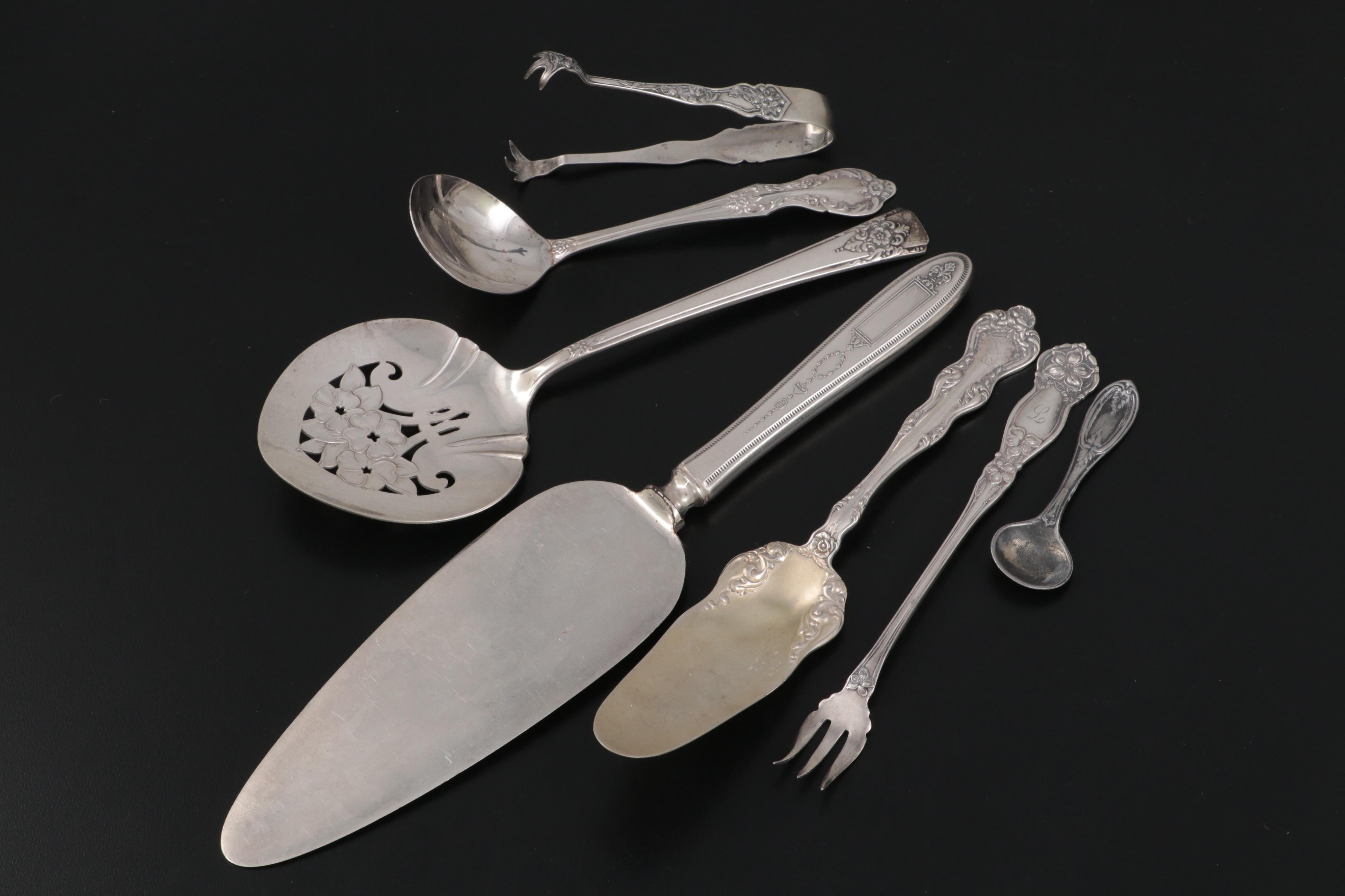 Sterling Silver Tongs with Sterling Silver Rimmed Plate and Other Tableware