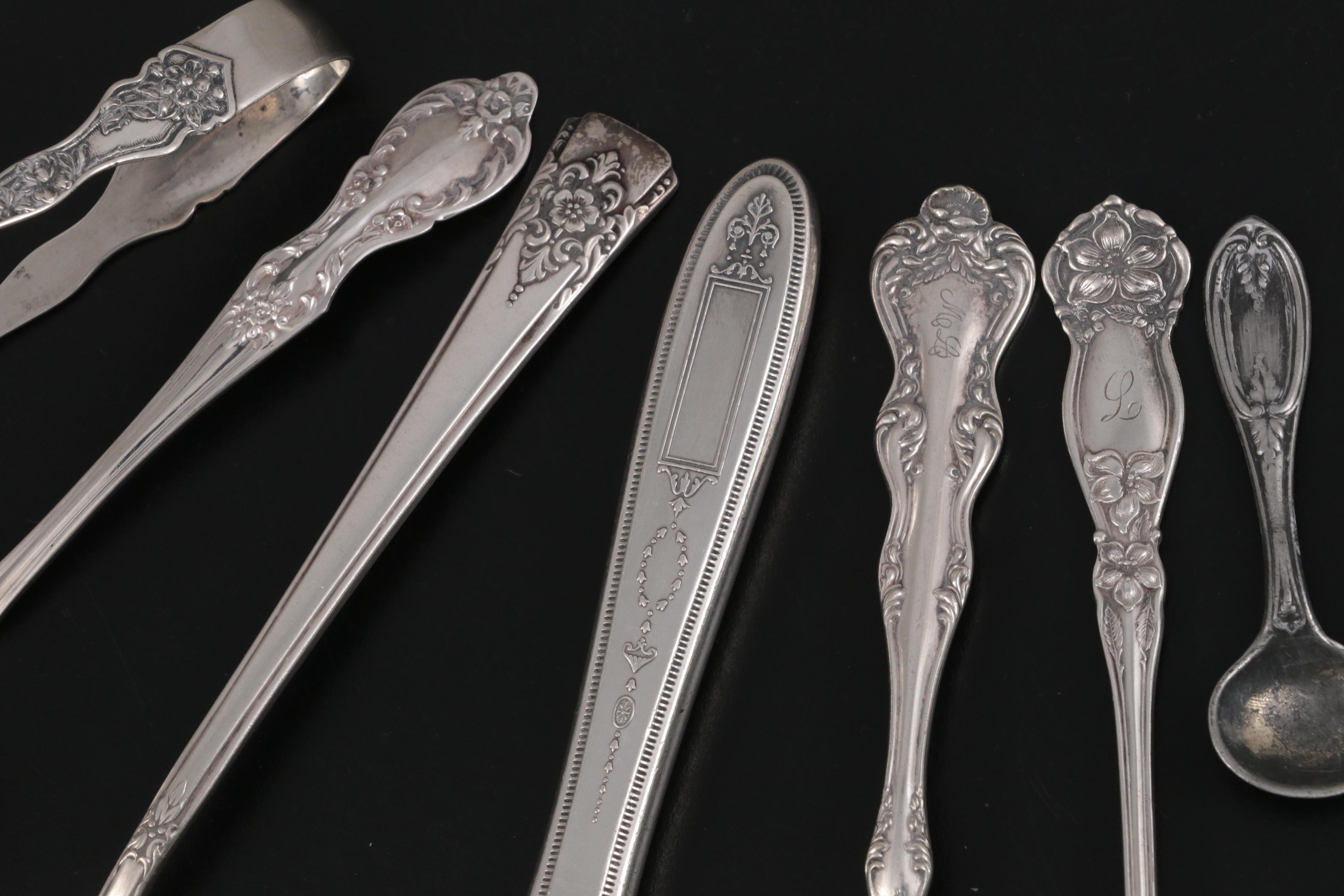 Sterling Silver Tongs with Sterling Silver Rimmed Plate and Other Tableware
