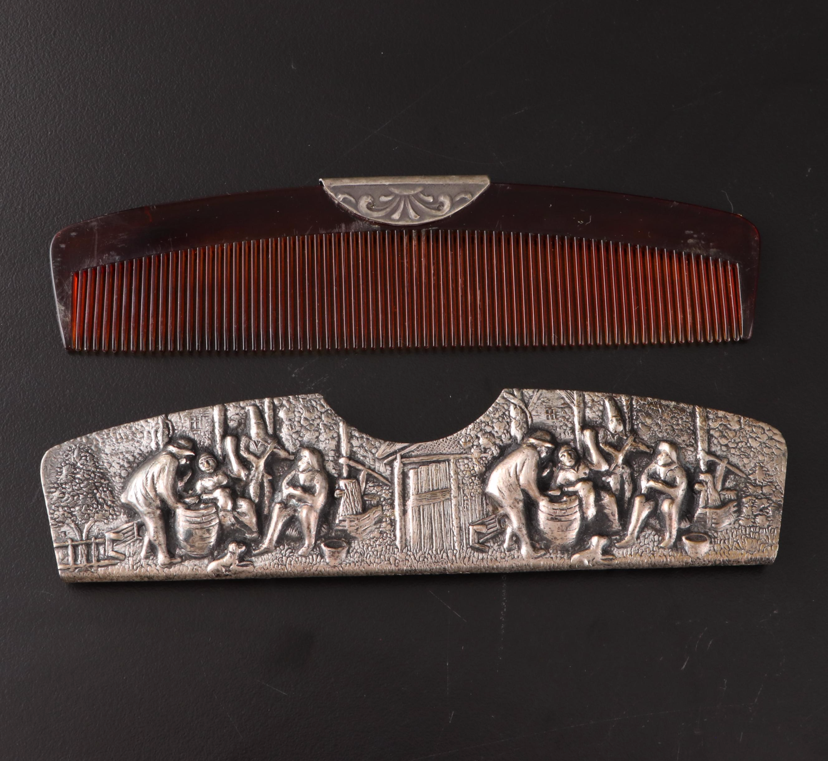 Hans Jensen Repoussé Silver Plate Comb and Mirror with Silver Box and Bowl