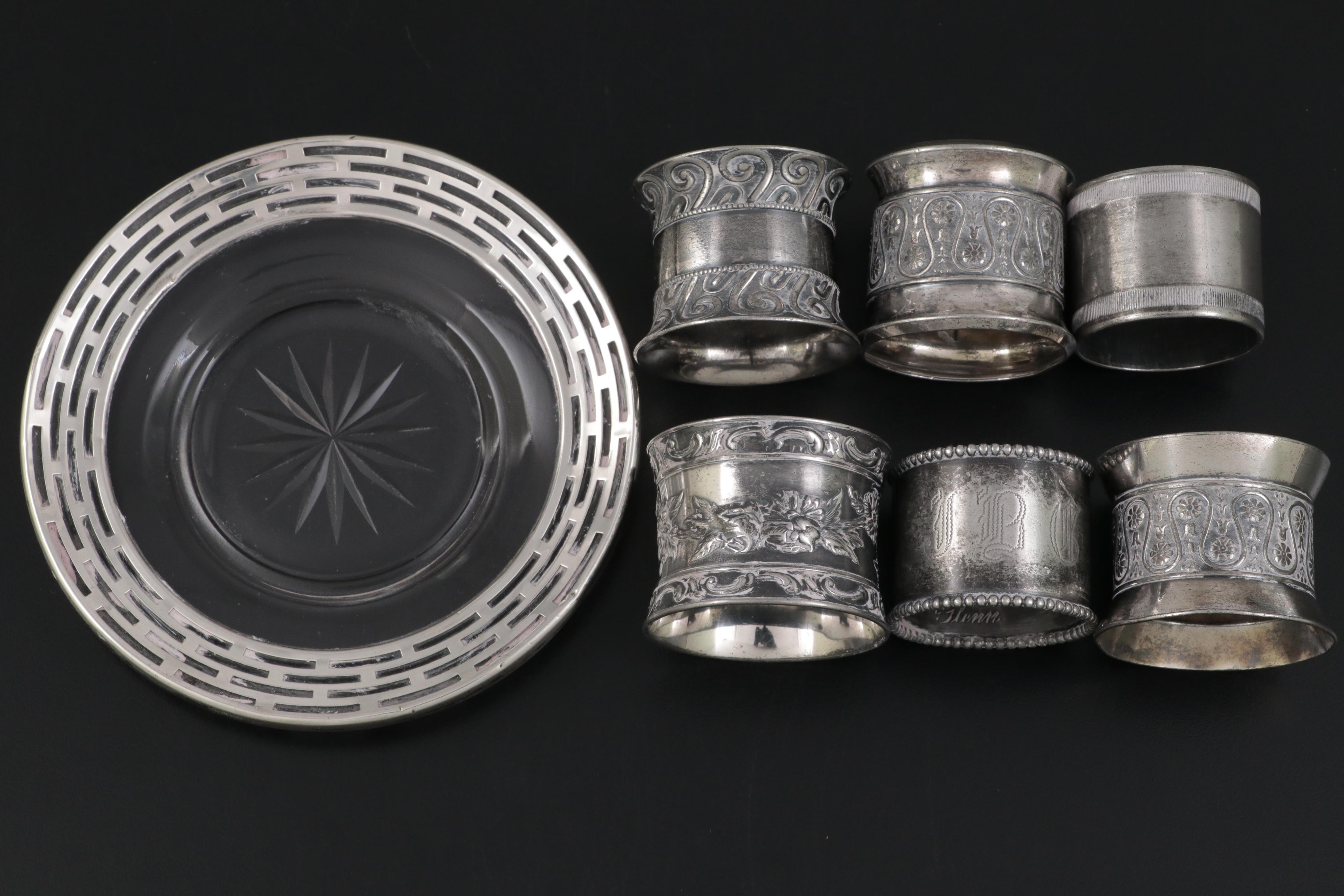 Sterling Silver Tongs with Sterling Silver Rimmed Plate and Other Tableware