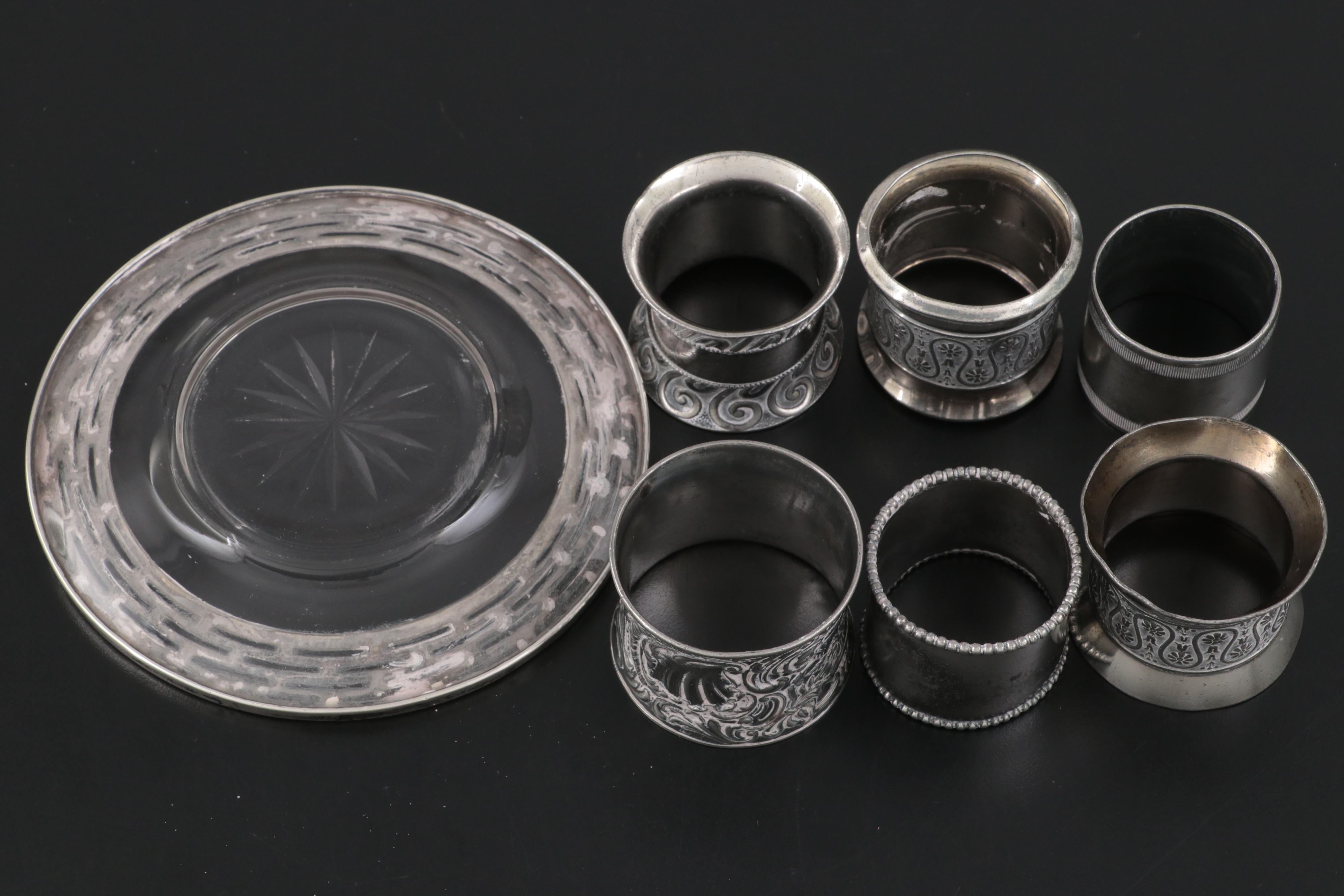 Sterling Silver Tongs with Sterling Silver Rimmed Plate and Other Tableware