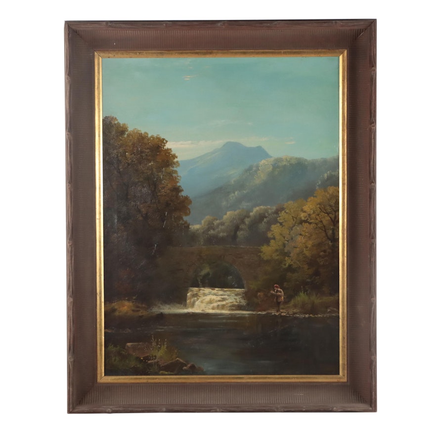 Landscape with Man Fishing Oil Painting, Early to Mid-20th Century