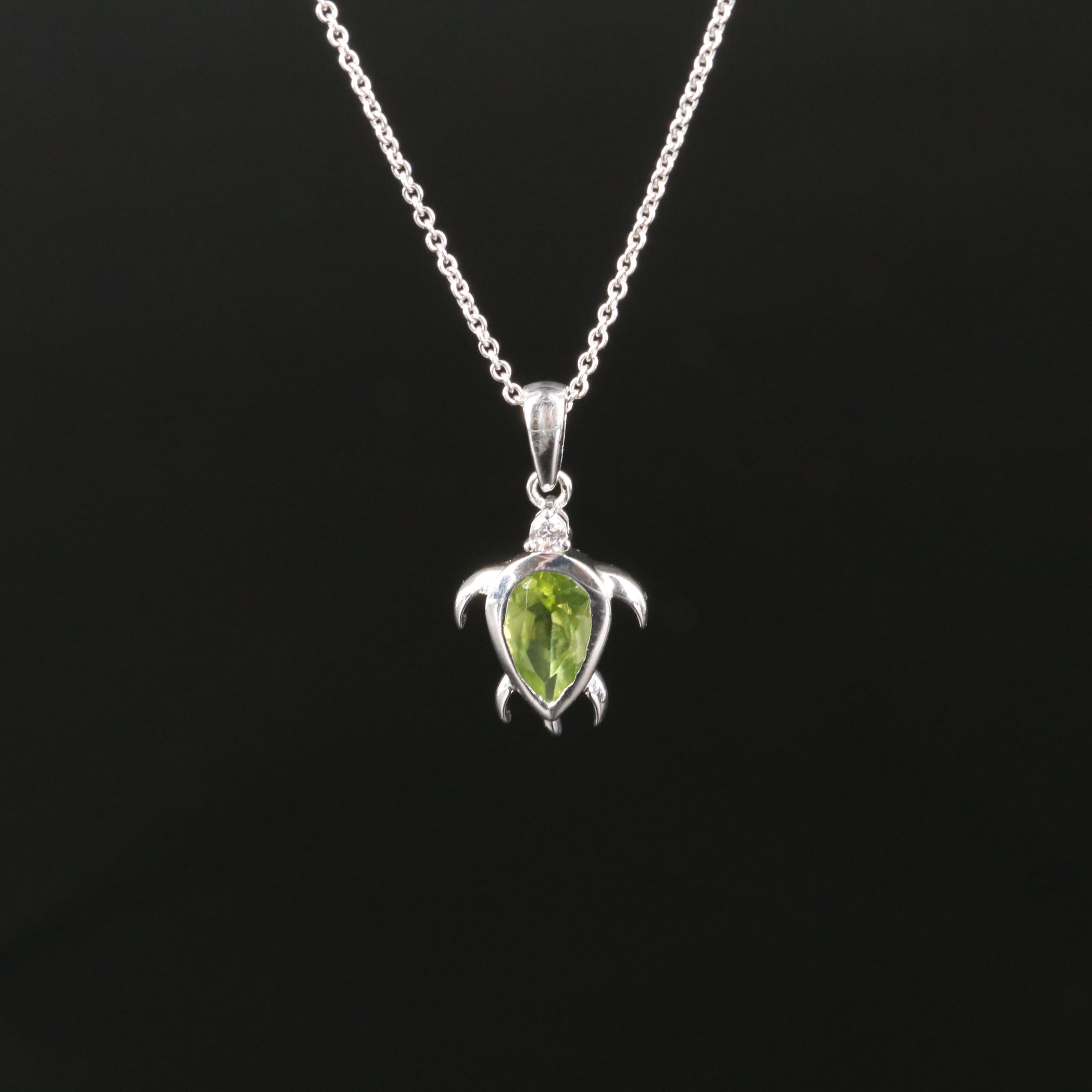 Sterling Peridot and Cubic Zirconia Turtle Pendant Necklace