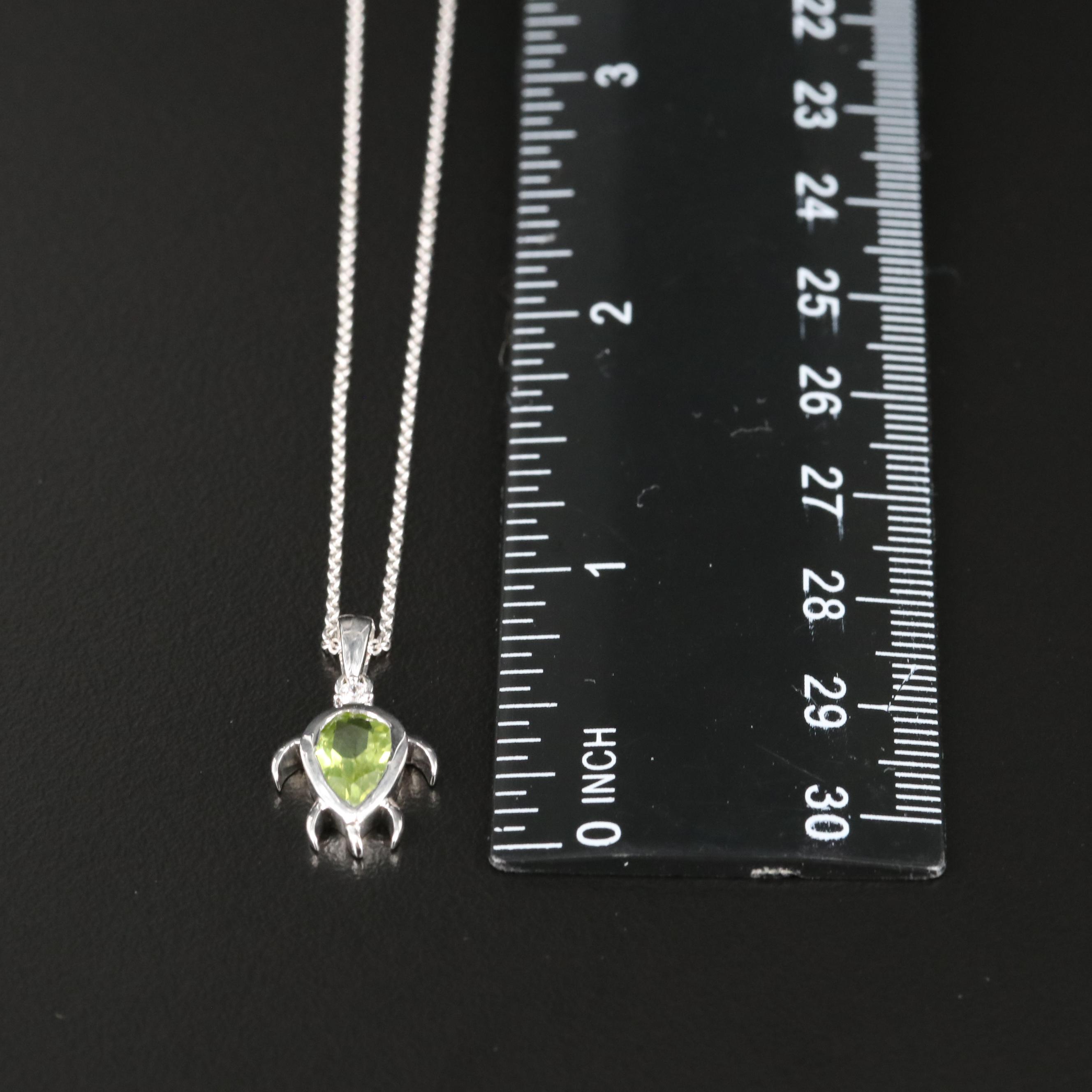 Sterling Peridot and Cubic Zirconia Turtle Pendant Necklace