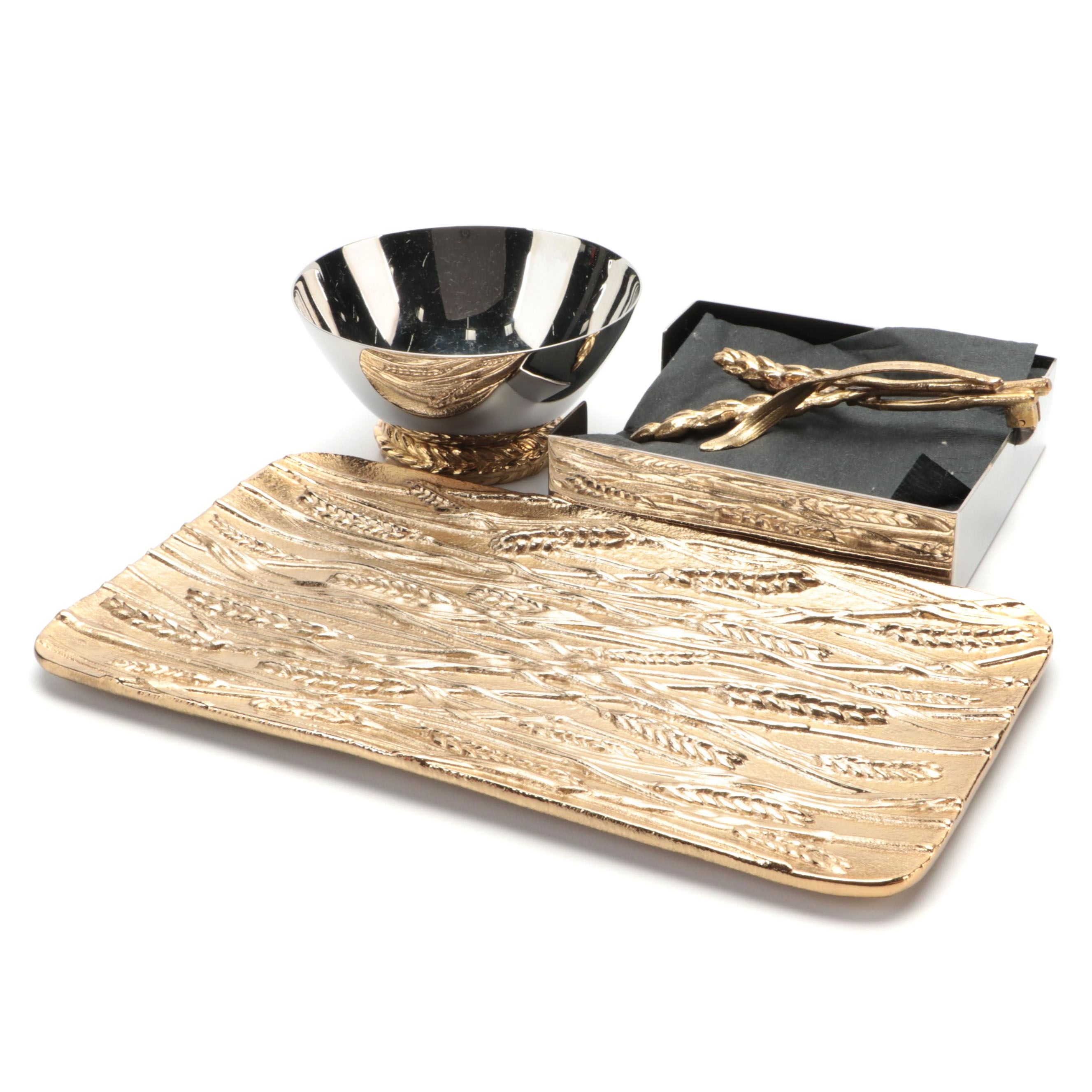 Michael Aram "Wheat" Bread Plate, Cocktail Napkin Holder, and Nut Dish