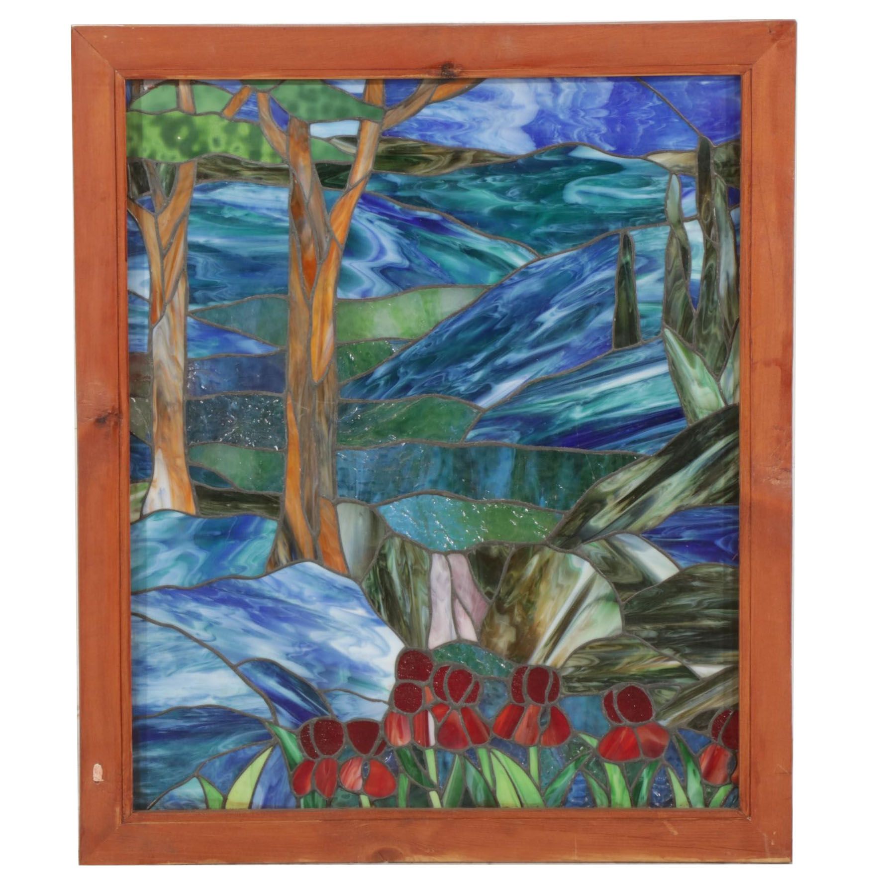 Arts and Crafts Style Landscape Slag Glass Window Panel, Late 20th Century
