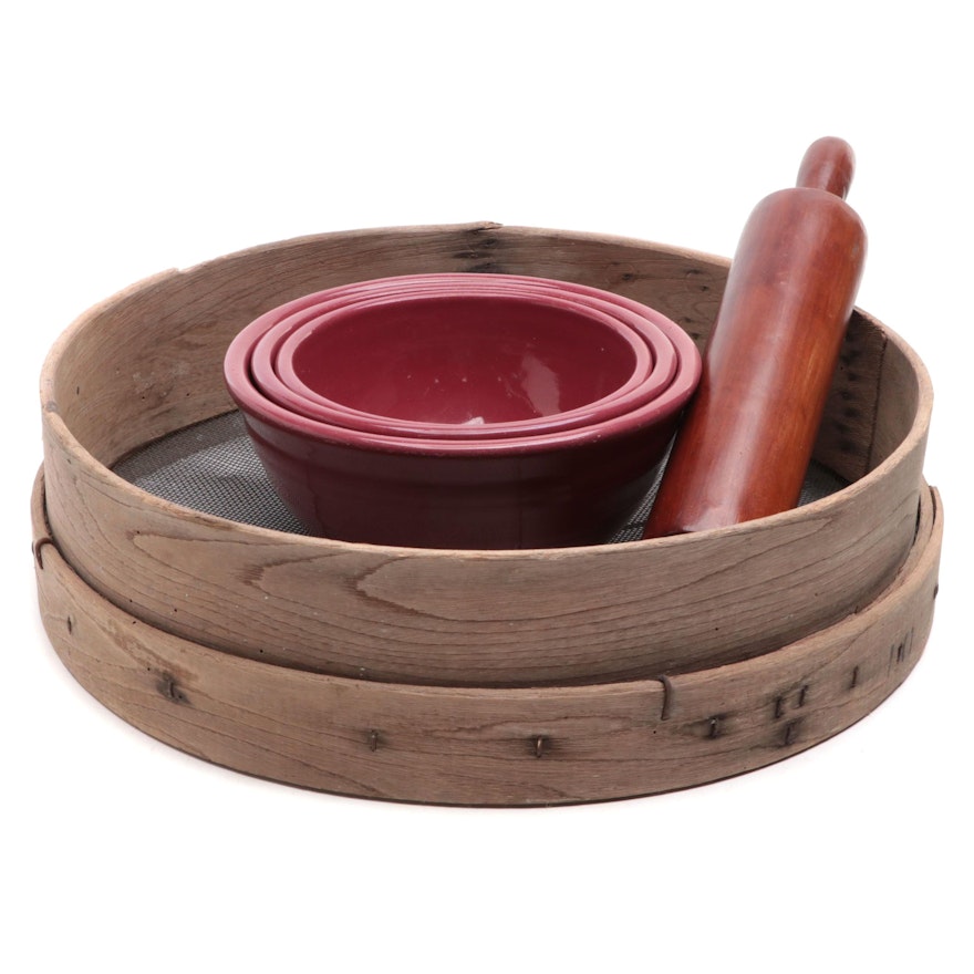 Red Ceramic Mixing Bowls, Bentwood and Wire Grain Sifter and Rolling Pin