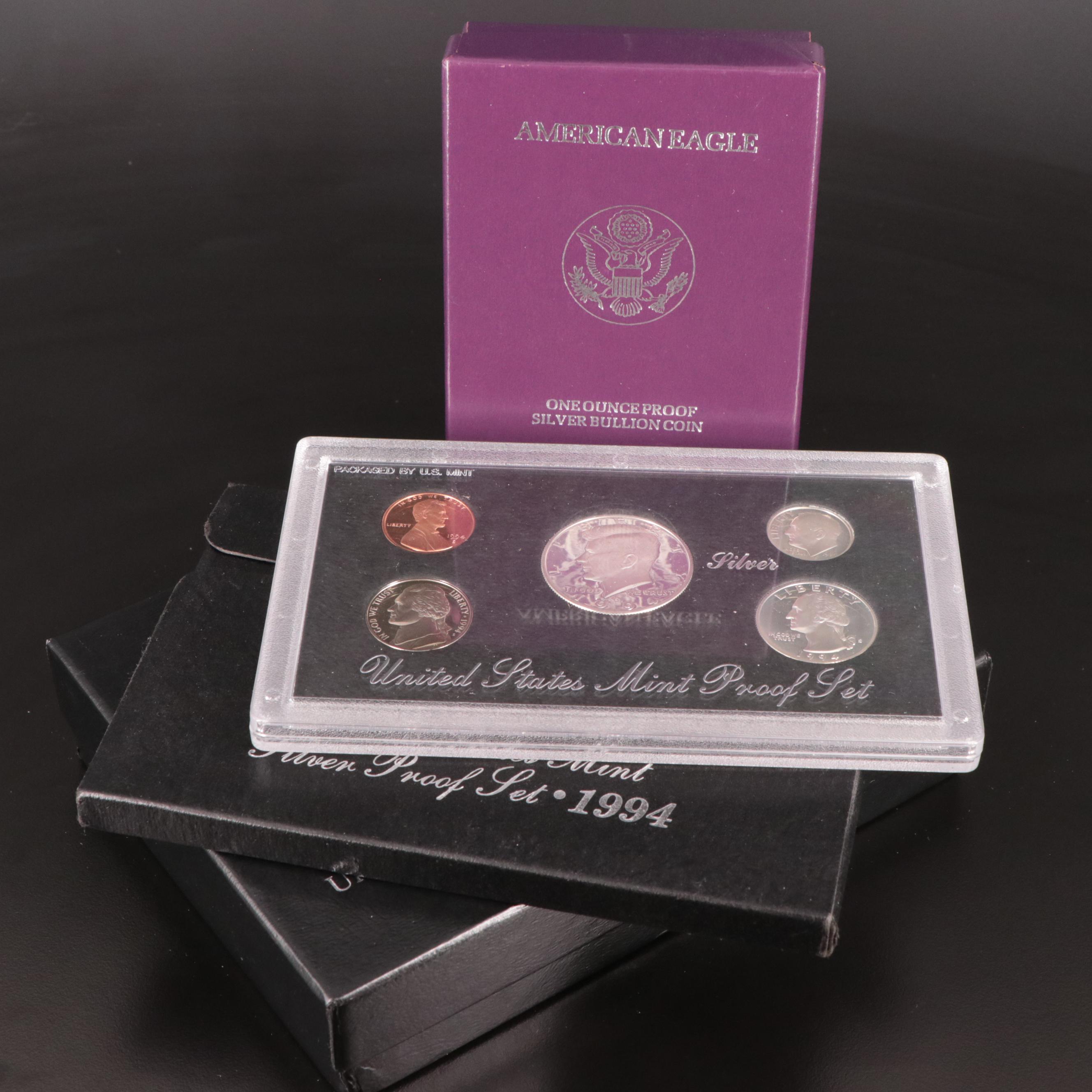 Two U.S. Mint Silver Proof Sets and a Proof American Silver Eagle