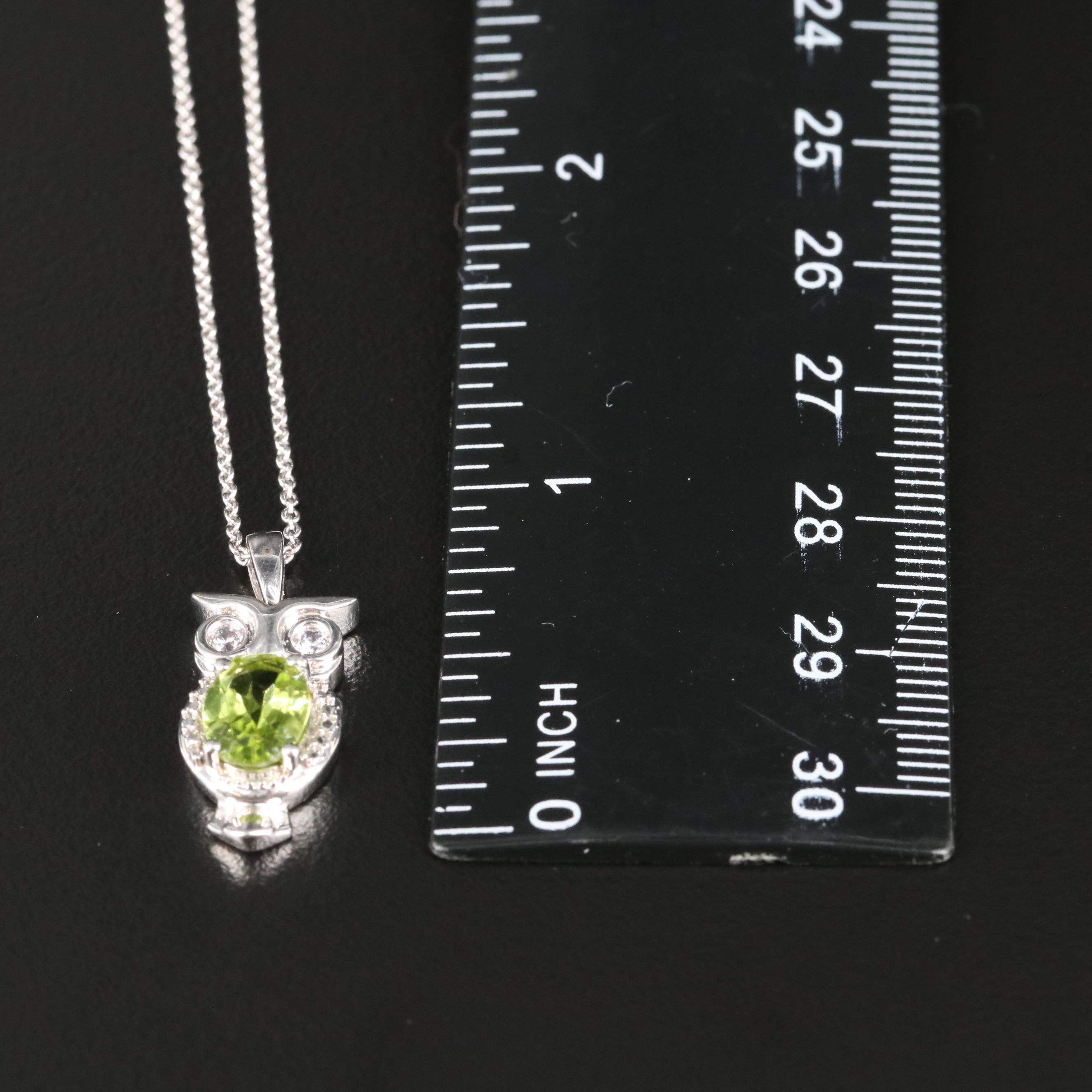Sterling Peridot and Cubic Zirconia Owl Pendant Necklace