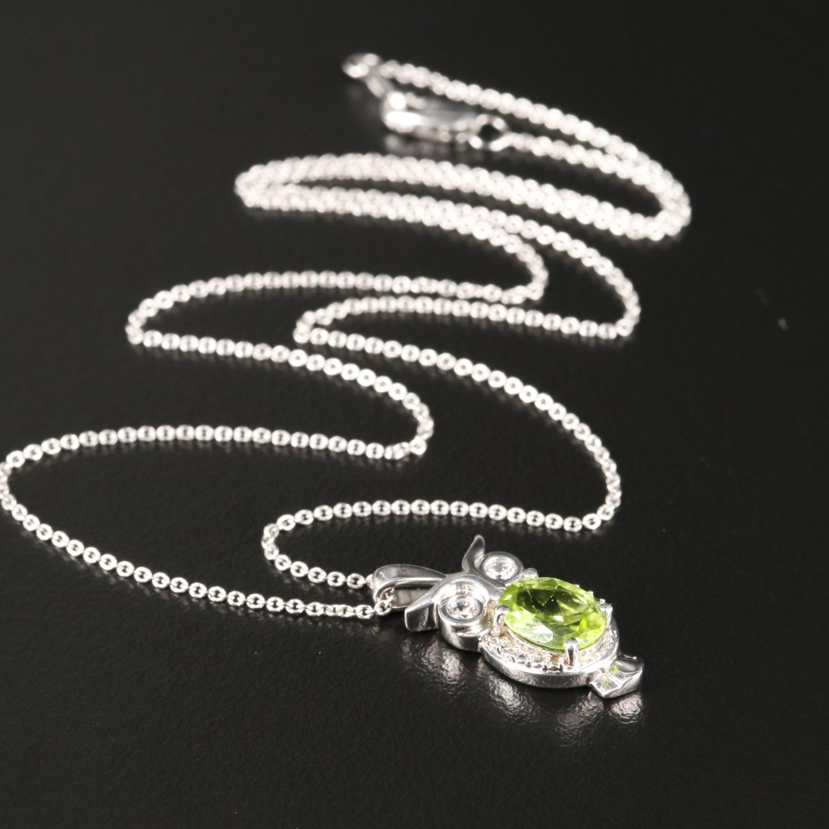 Sterling Peridot and Cubic Zirconia Owl Pendant Necklace