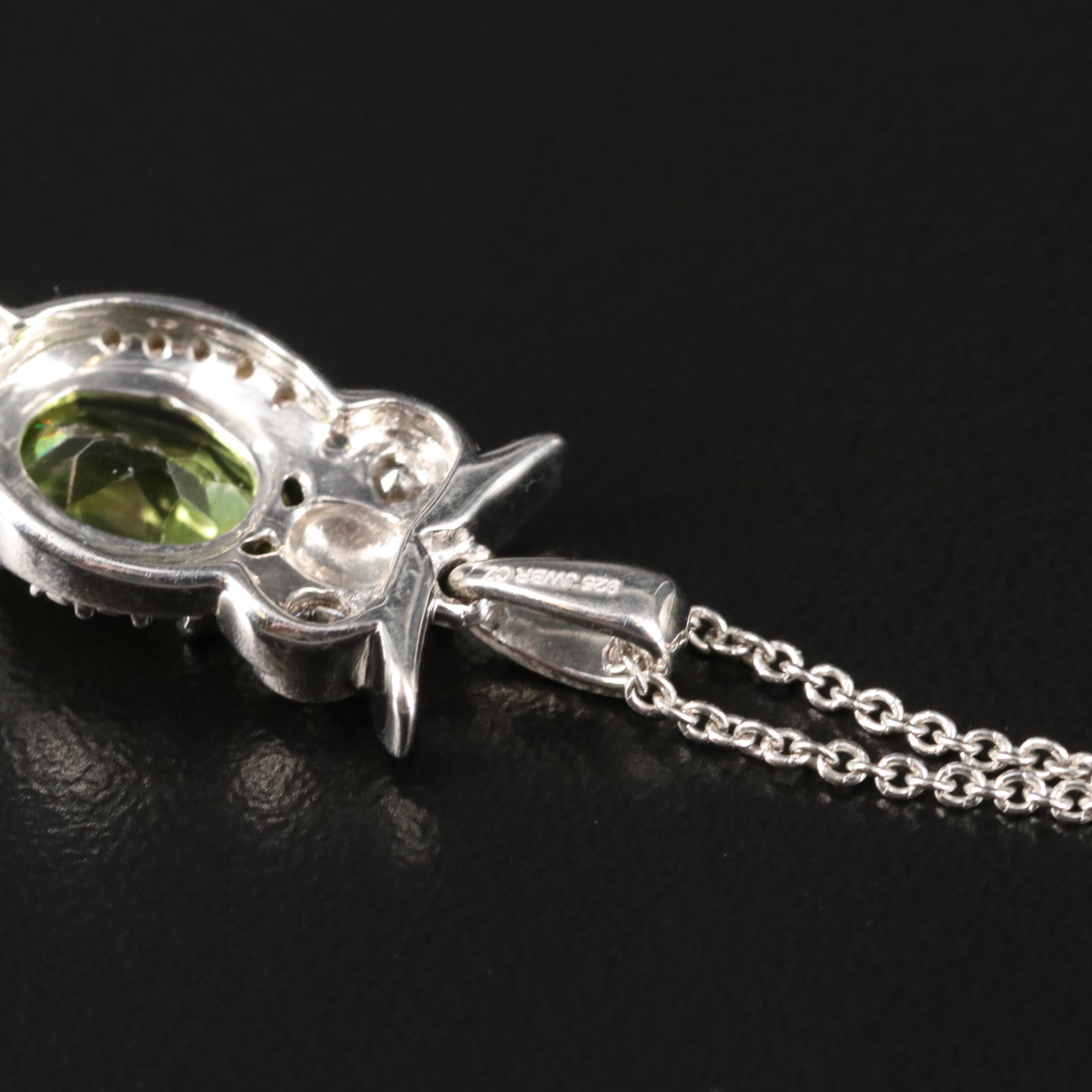 Sterling Peridot and Cubic Zirconia Owl Pendant Necklace