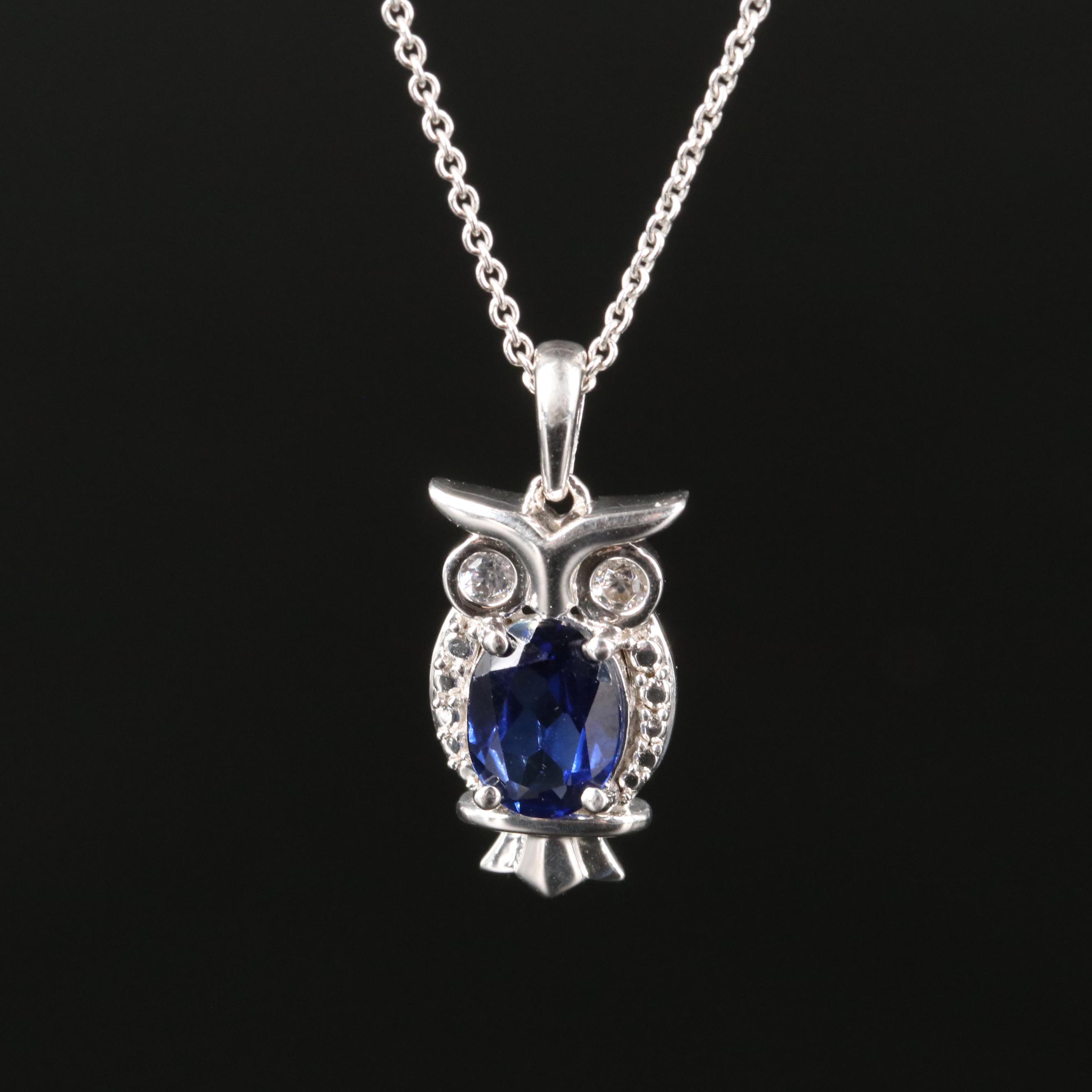 Sterling Blue and White Sapphire Owl Pendant Necklace