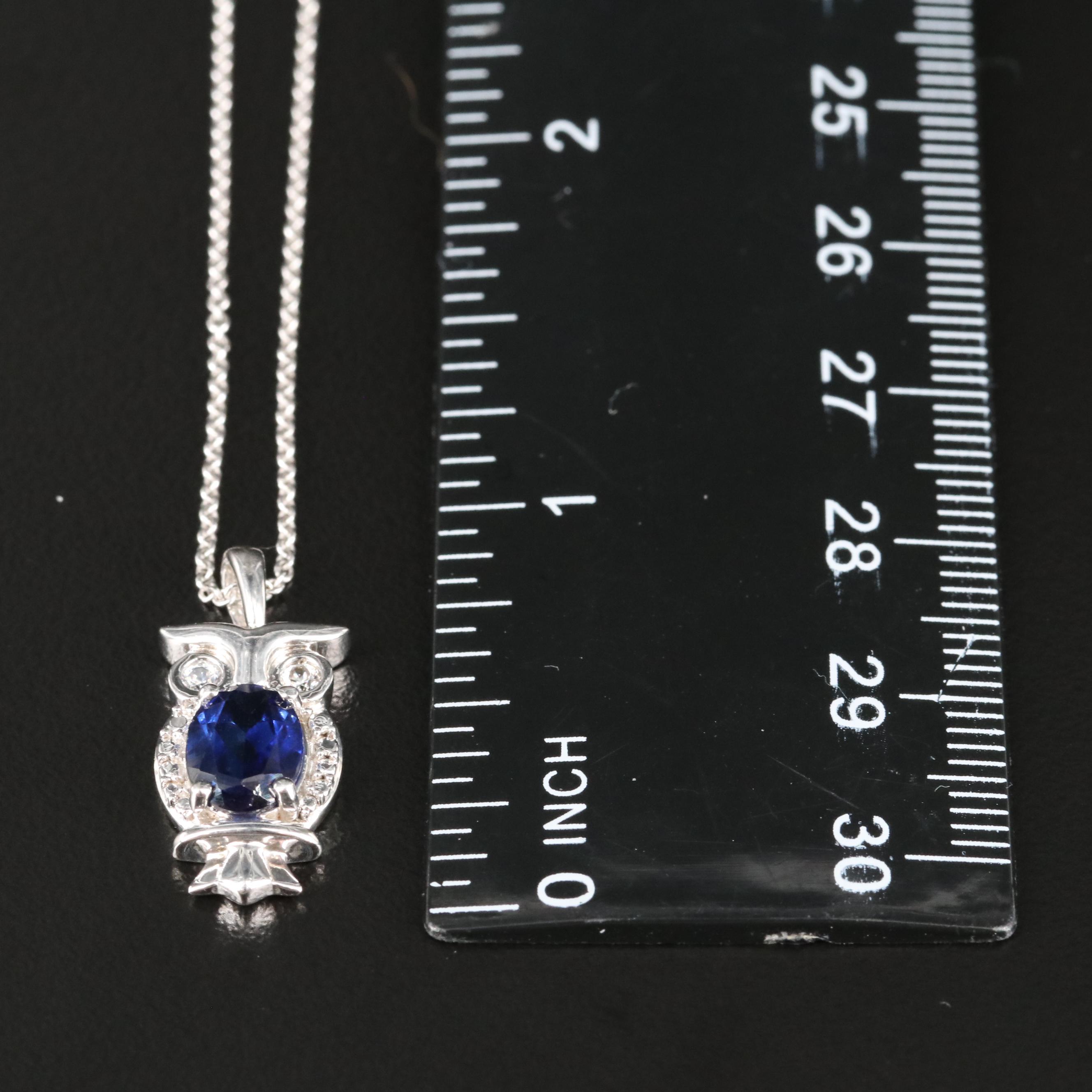 Sterling Blue and White Sapphire Owl Pendant Necklace
