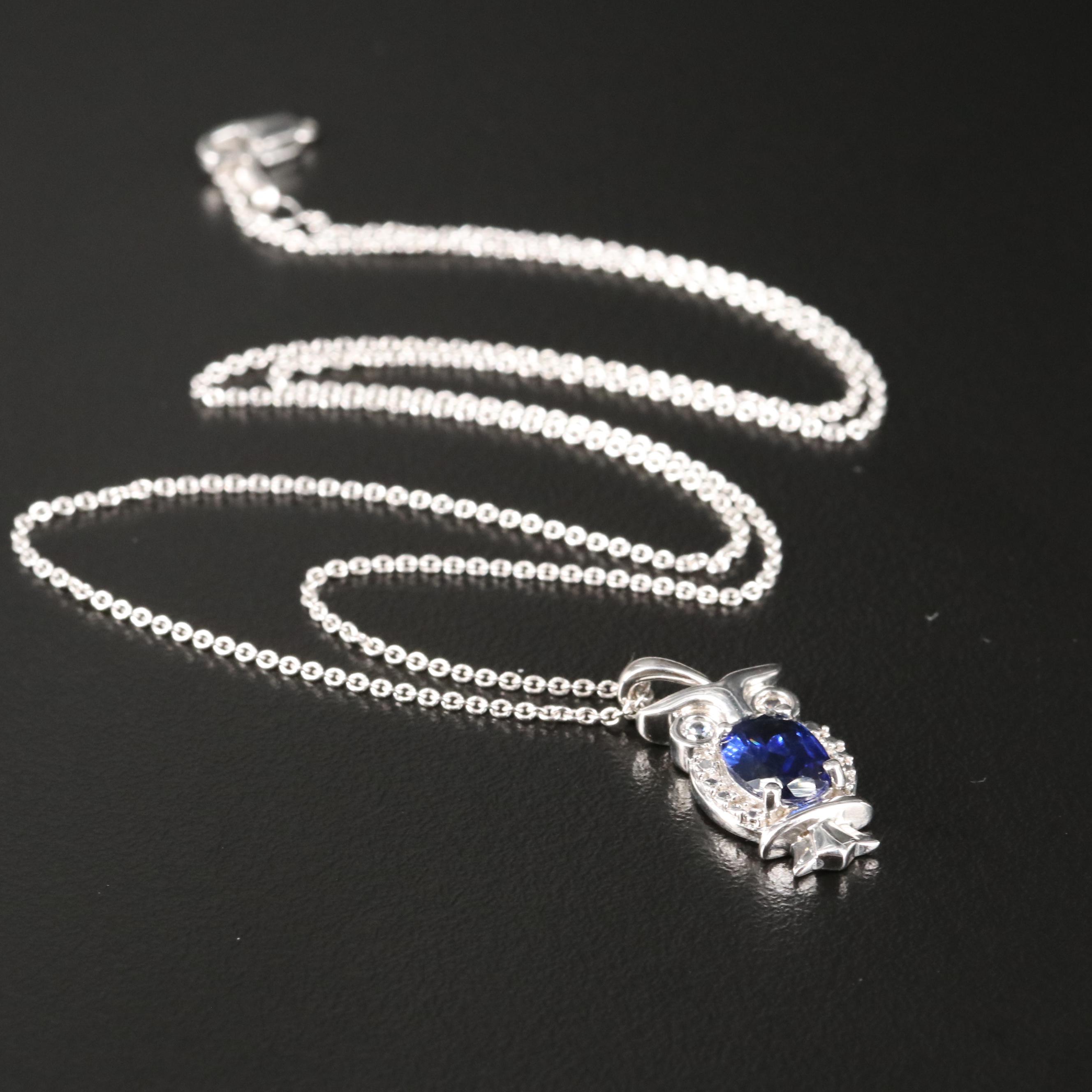 Sterling Blue and White Sapphire Owl Pendant Necklace