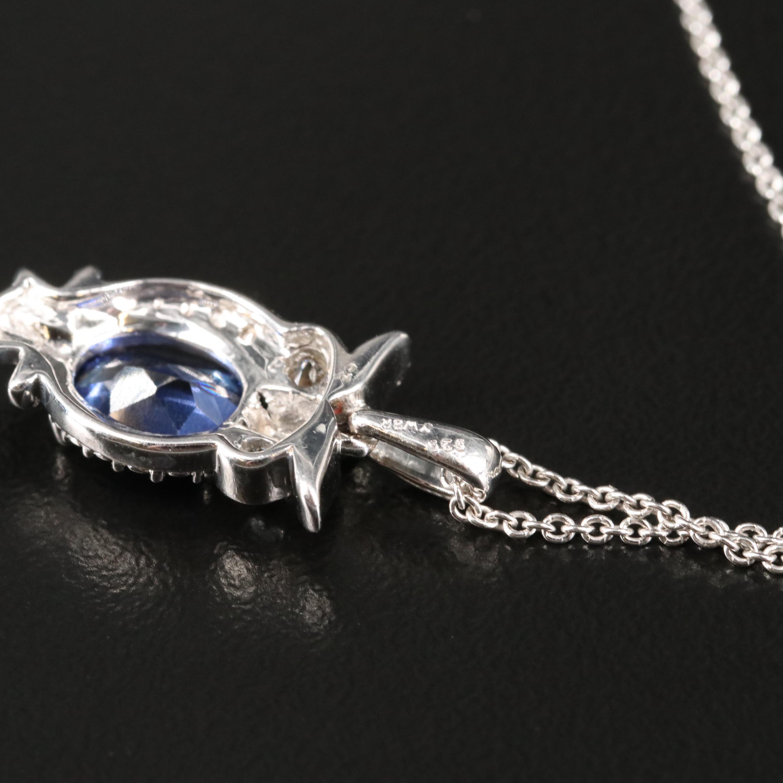 Sterling Blue and White Sapphire Owl Pendant Necklace