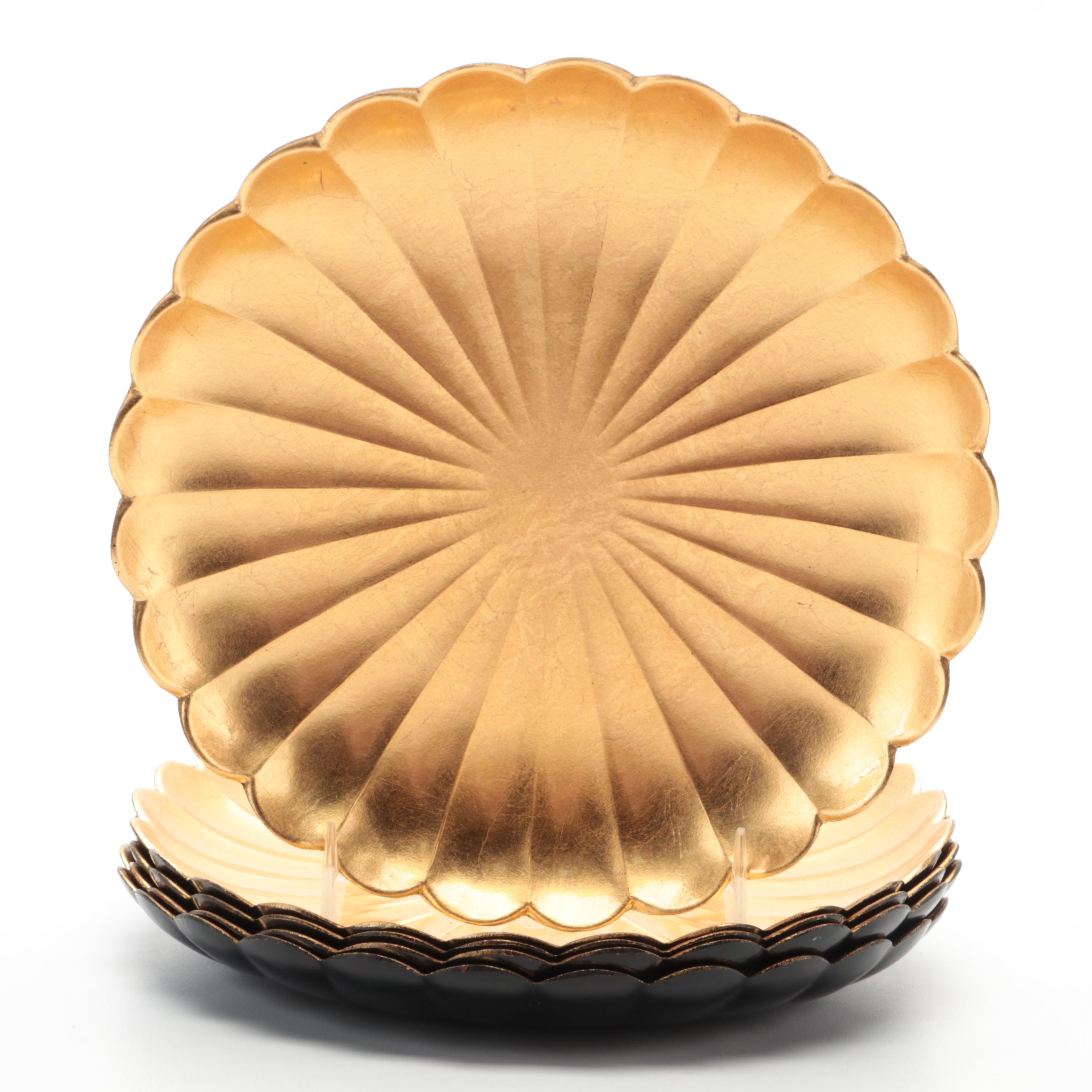 Gilt Lacquerware Plates and Trays with Gilt Accented Amethyst Glass Vase