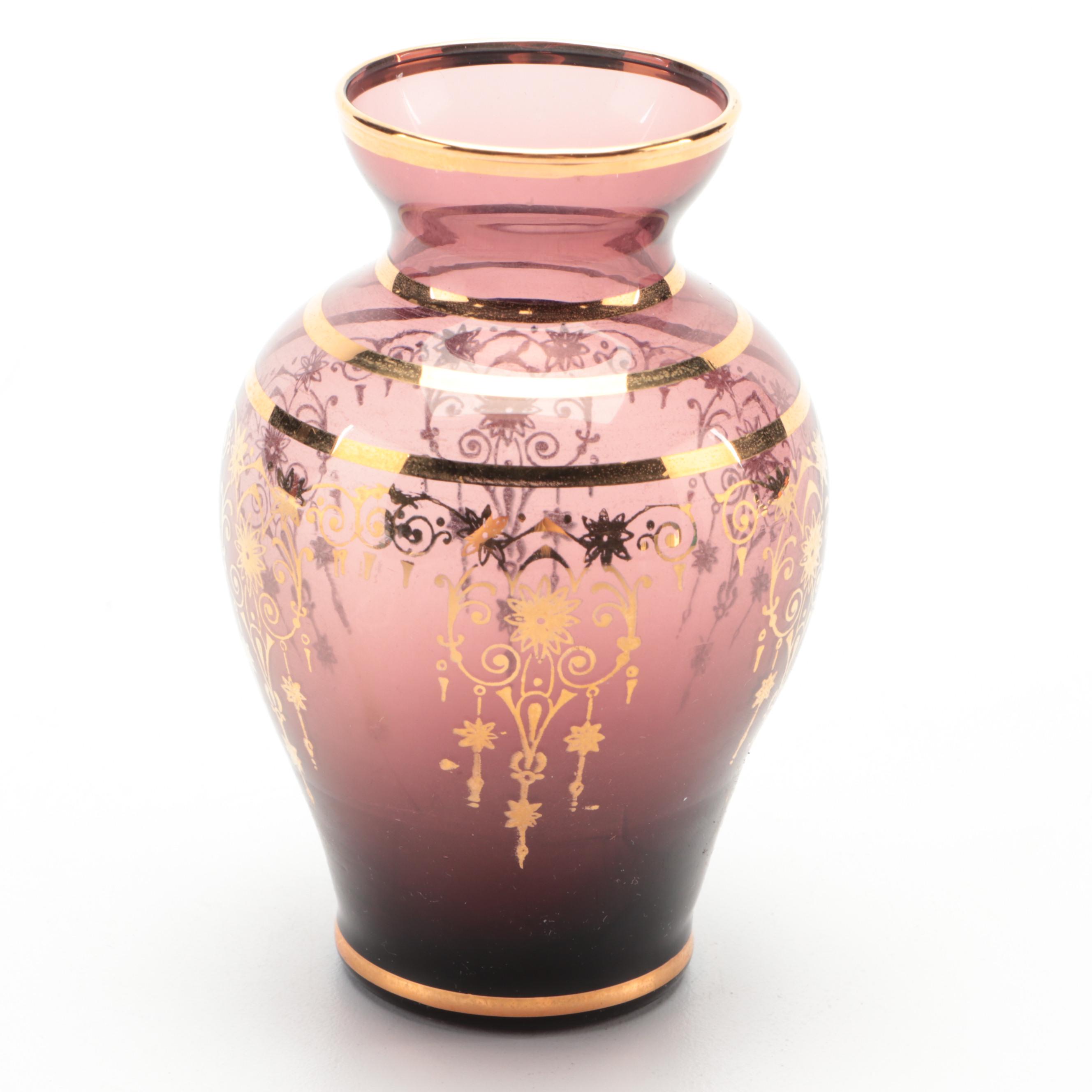 Gilt Lacquerware Plates and Trays with Gilt Accented Amethyst Glass Vase