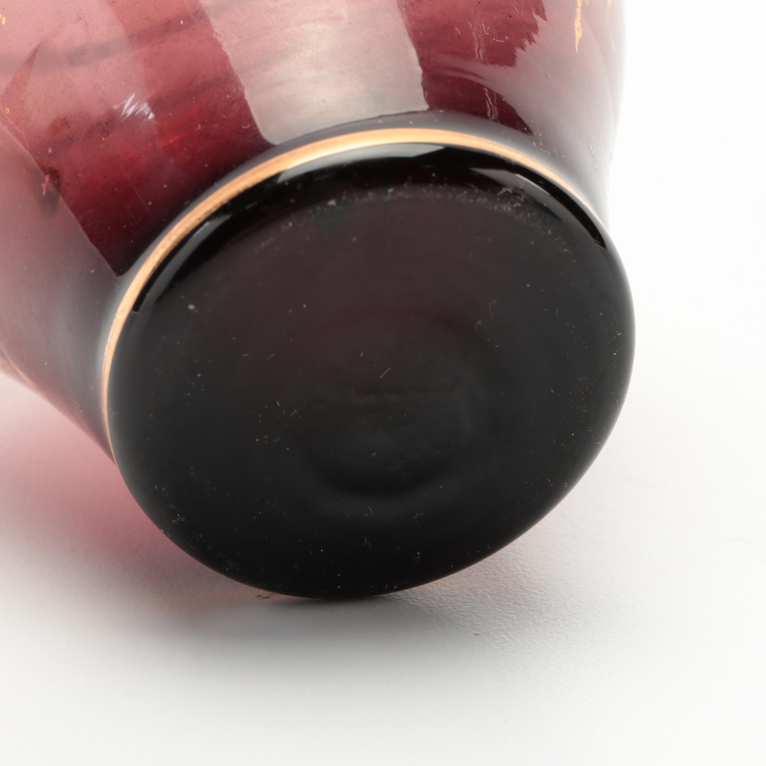 Gilt Lacquerware Plates and Trays with Gilt Accented Amethyst Glass Vase