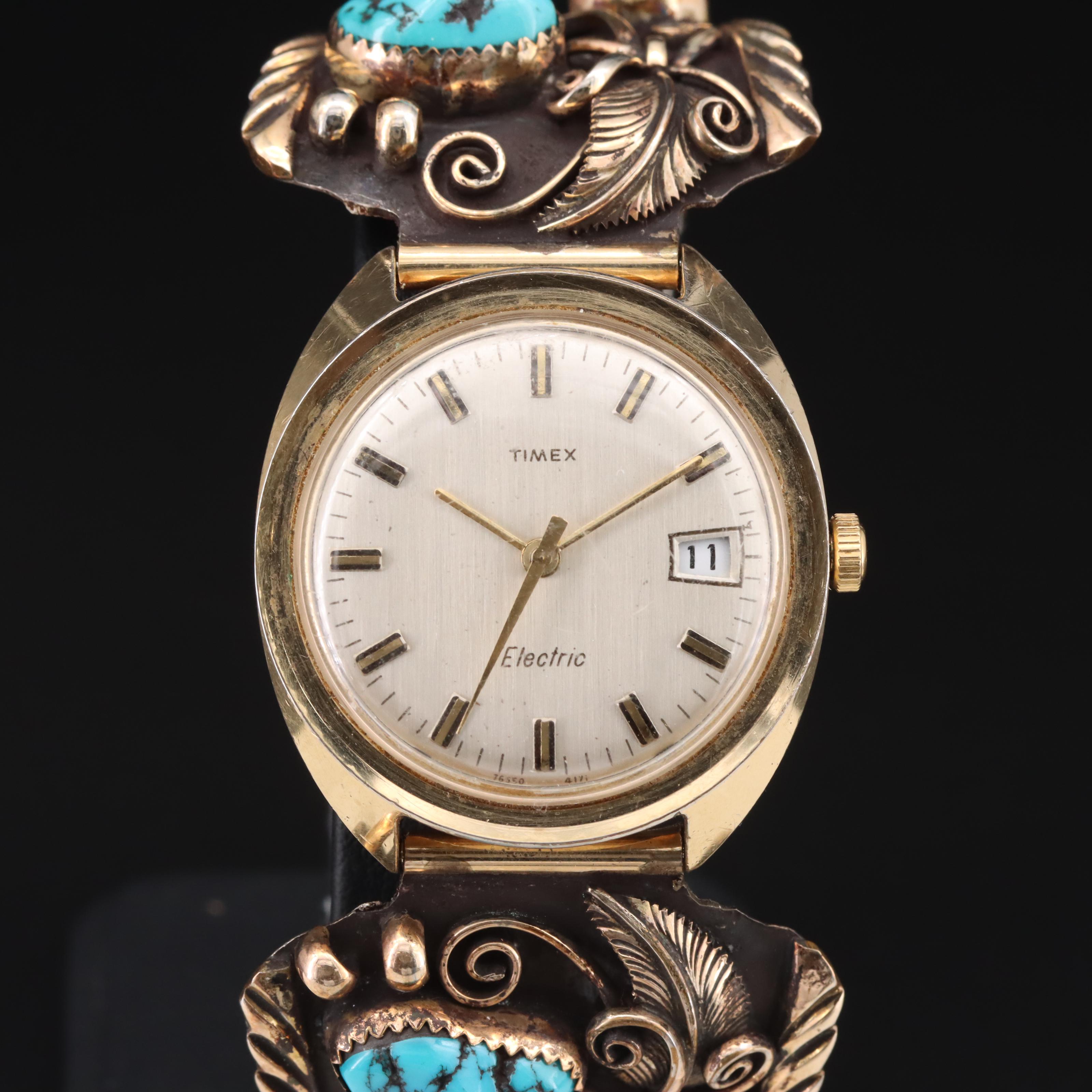 Sterling Turquoise and Coral Cuff with Timex Electric Watch