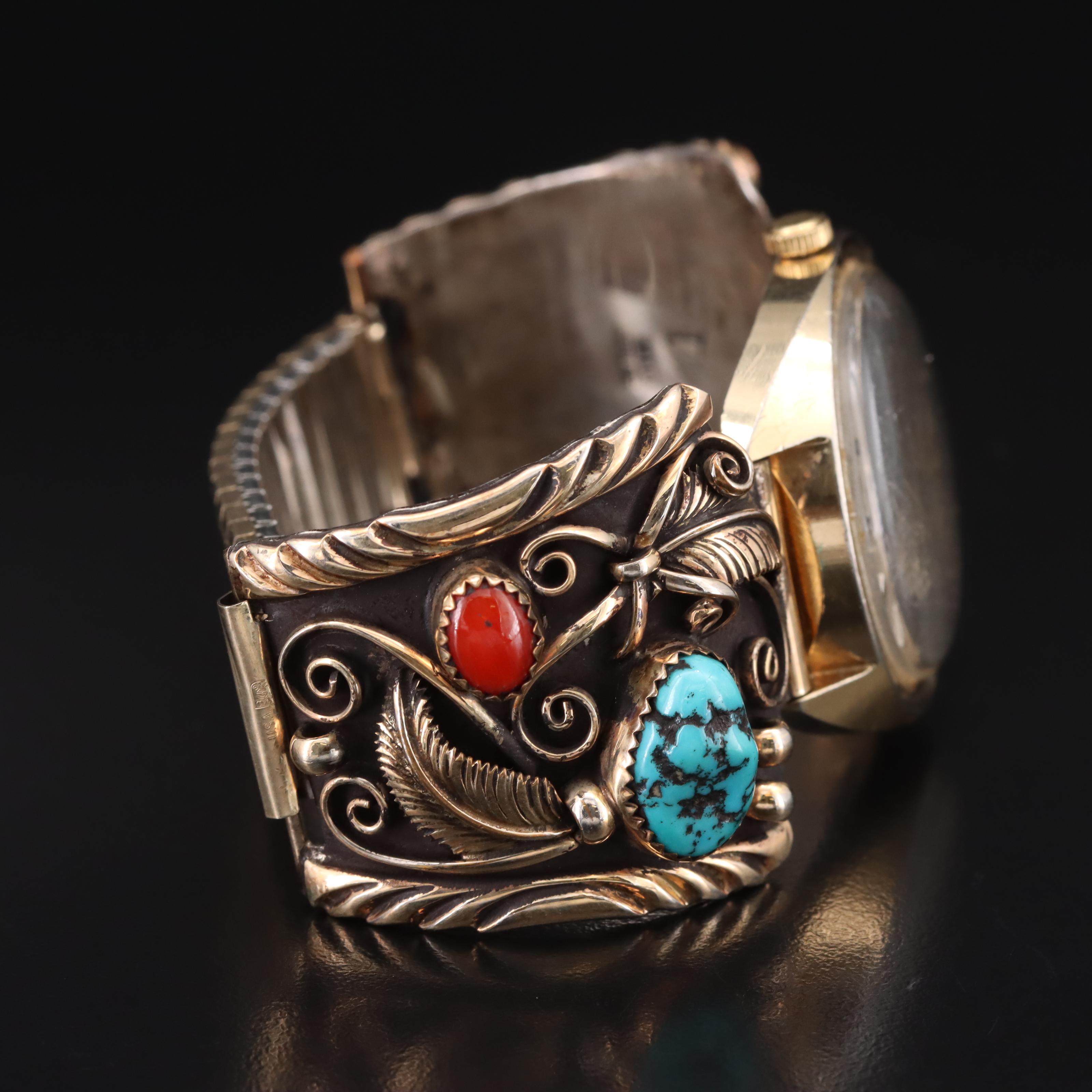 Sterling Turquoise and Coral Cuff with Timex Electric Watch