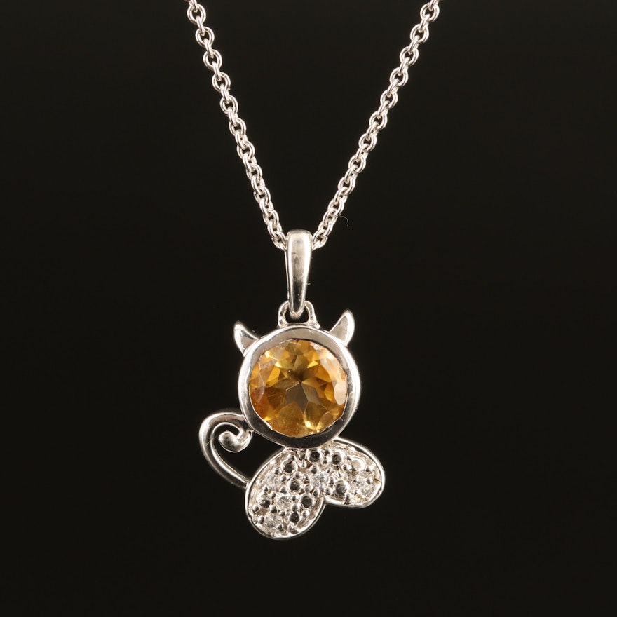 Sterling Citrine and Cubic Zirconia Cat Pendant Necklace