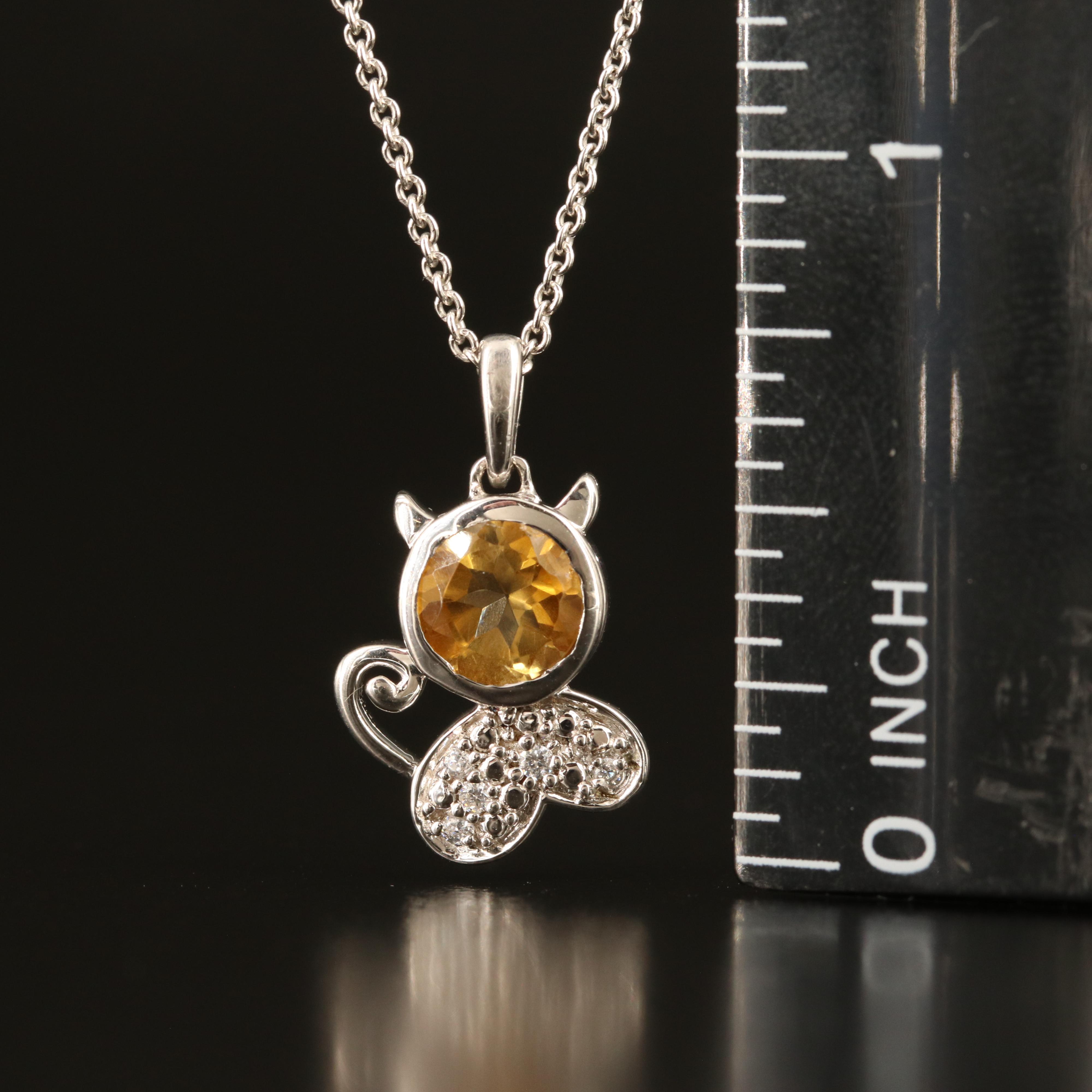 Sterling Citrine and Cubic Zirconia Cat Pendant Necklace