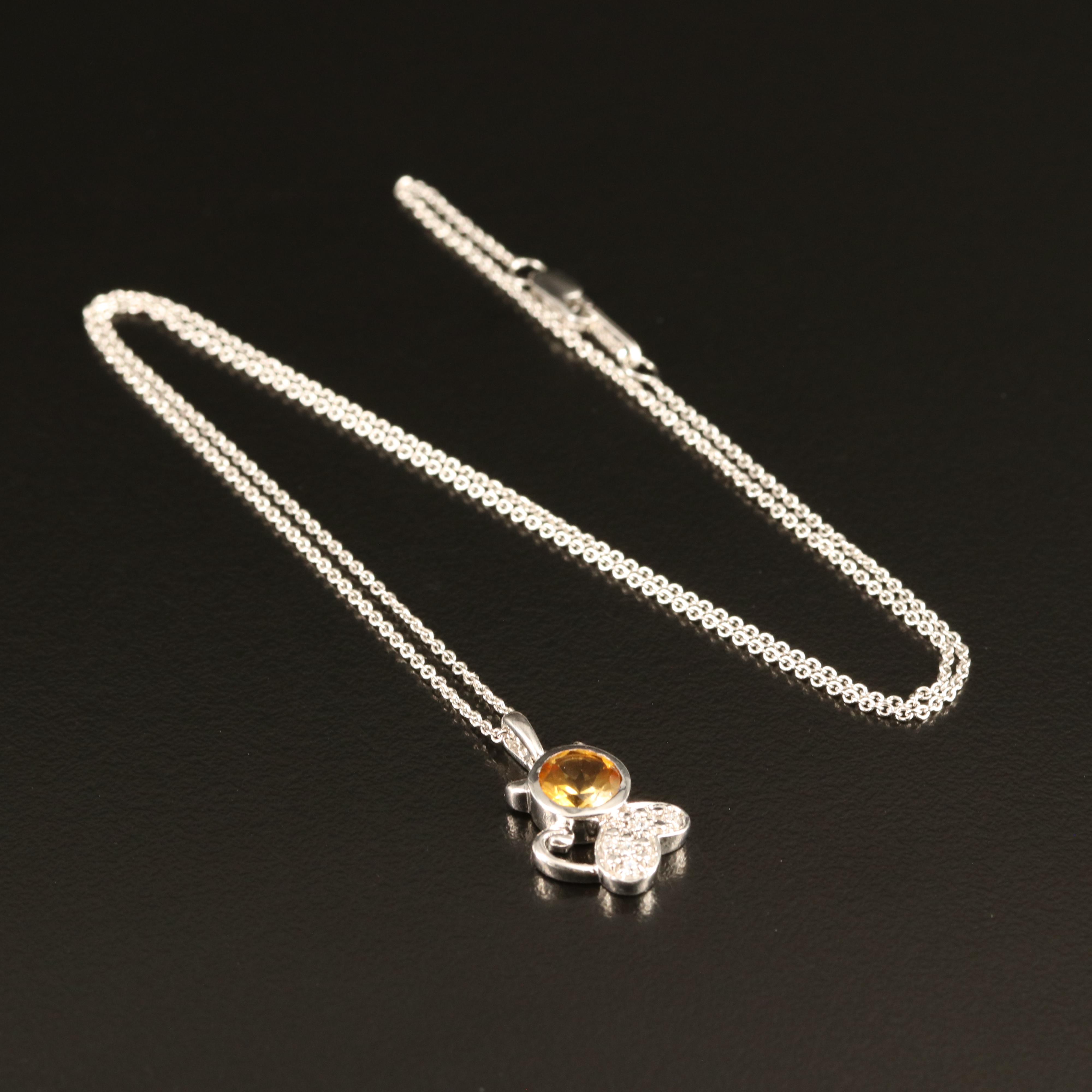 Sterling Citrine and Cubic Zirconia Cat Pendant Necklace