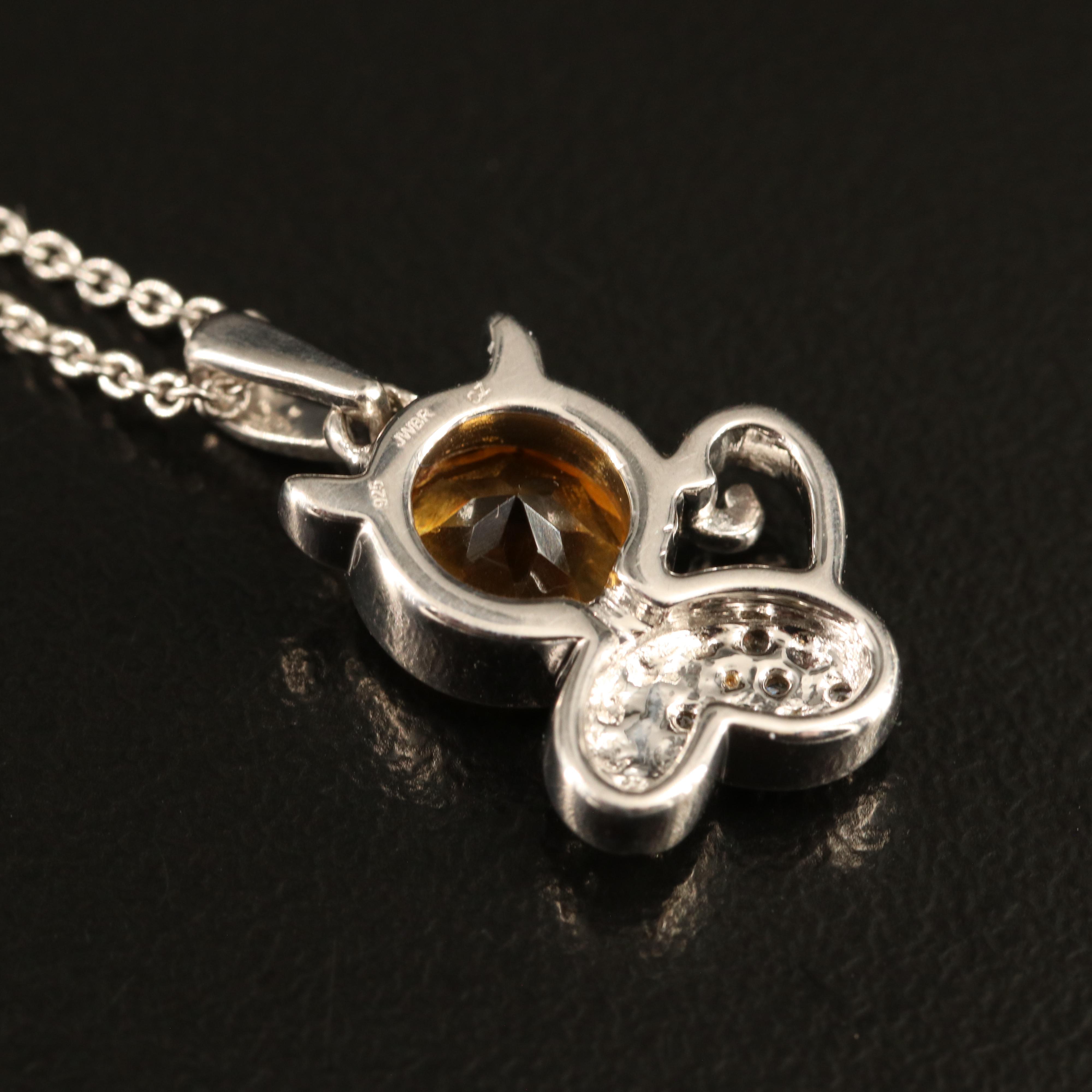 Sterling Citrine and Cubic Zirconia Cat Pendant Necklace