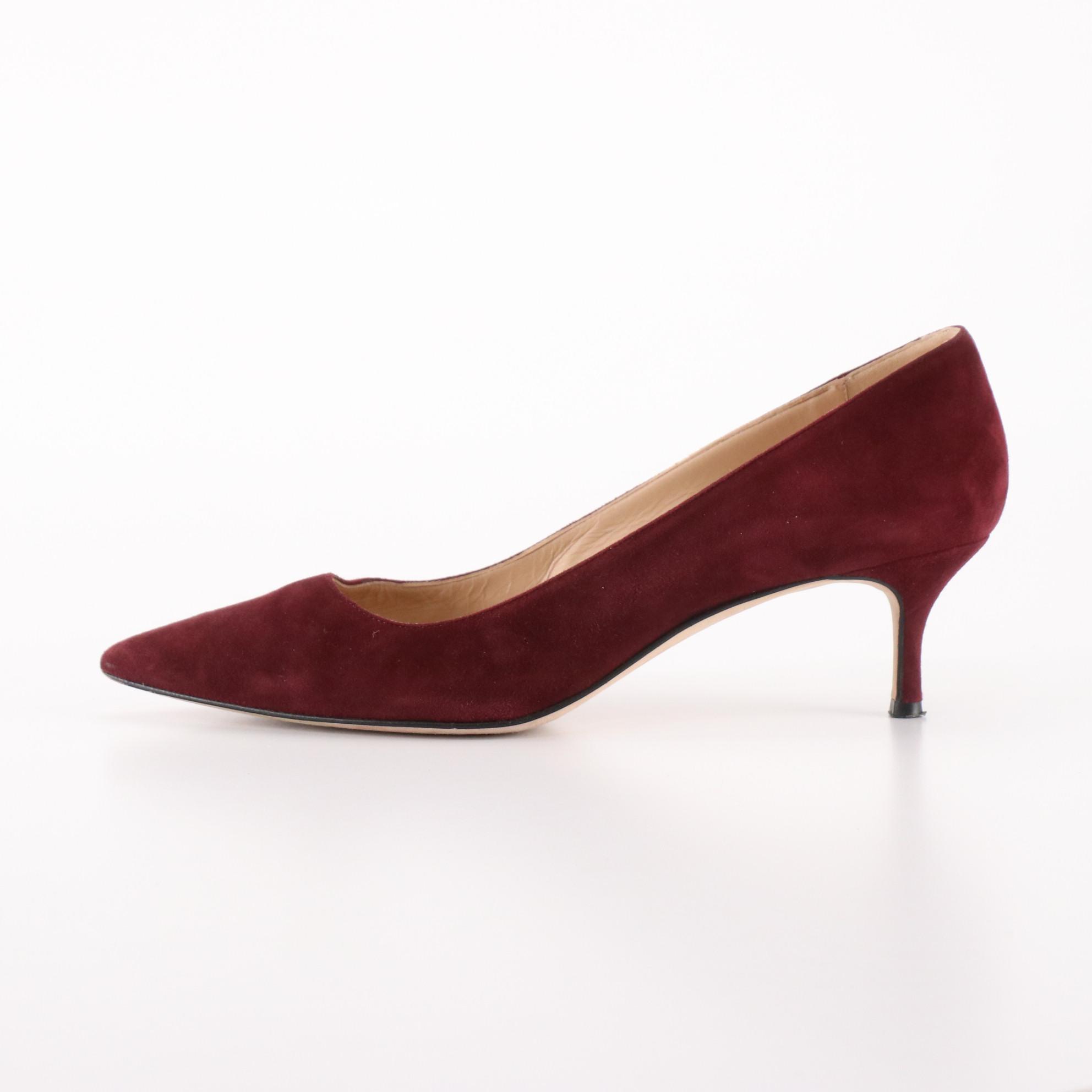 Manolo Blahnik Pointed Toe Kitten Heel Pumps in Bordeaux Suede with Box
