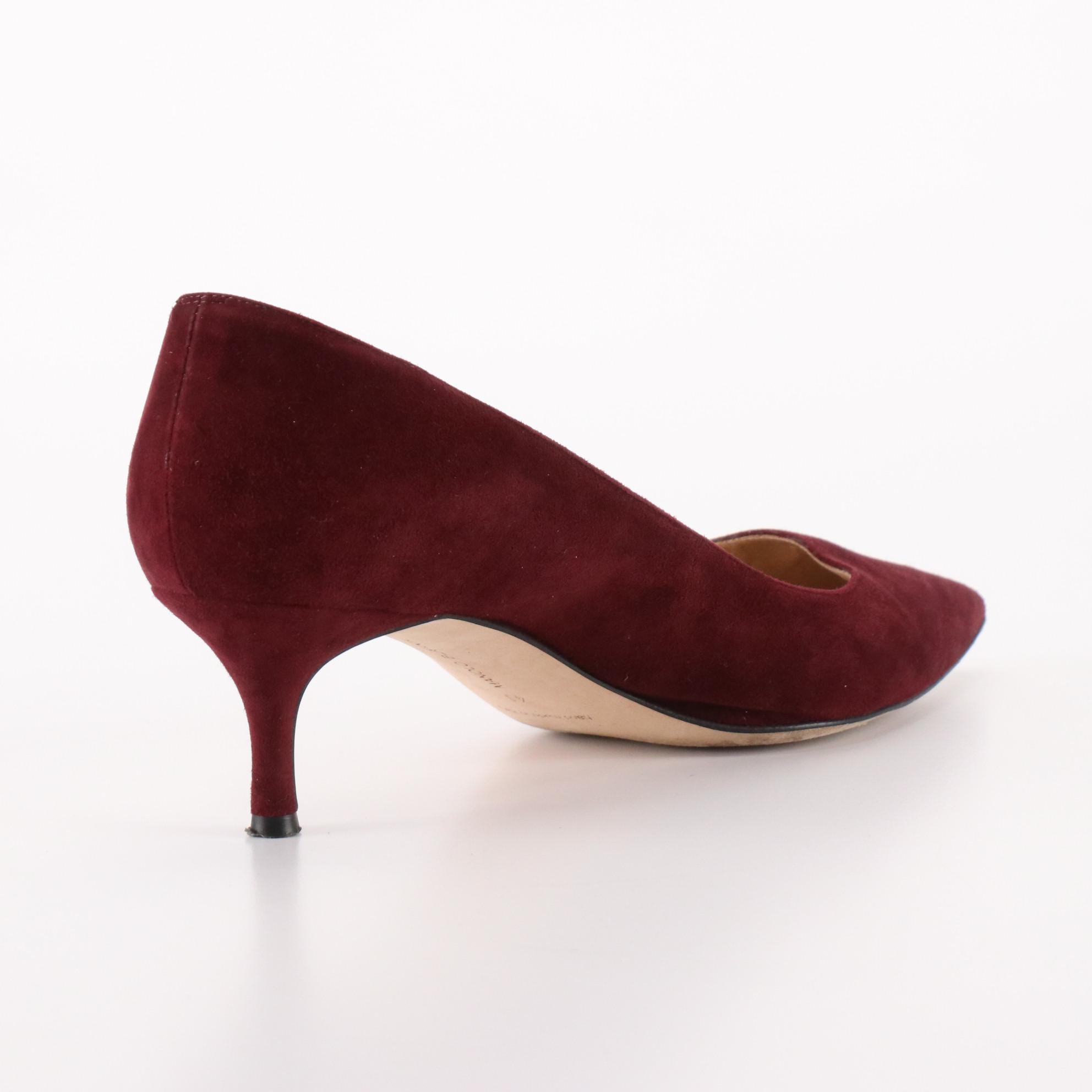 Manolo Blahnik Pointed Toe Kitten Heel Pumps in Bordeaux Suede with Box