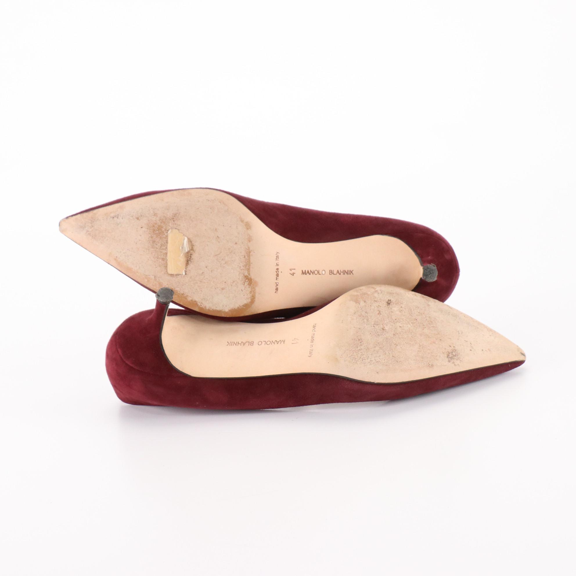 Manolo Blahnik Pointed Toe Kitten Heel Pumps in Bordeaux Suede with Box