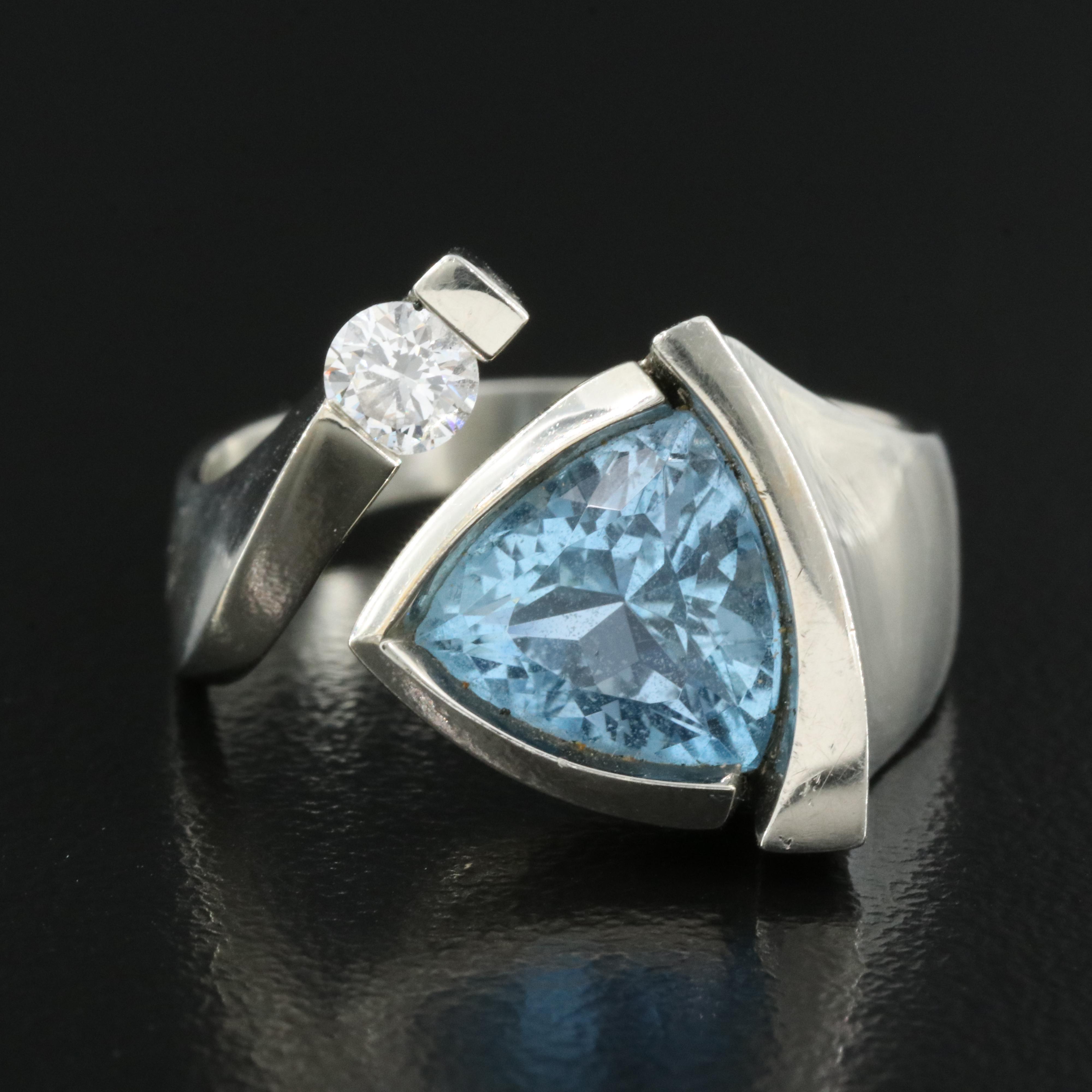 18K Aquamarine and Diamond Open Top Ring