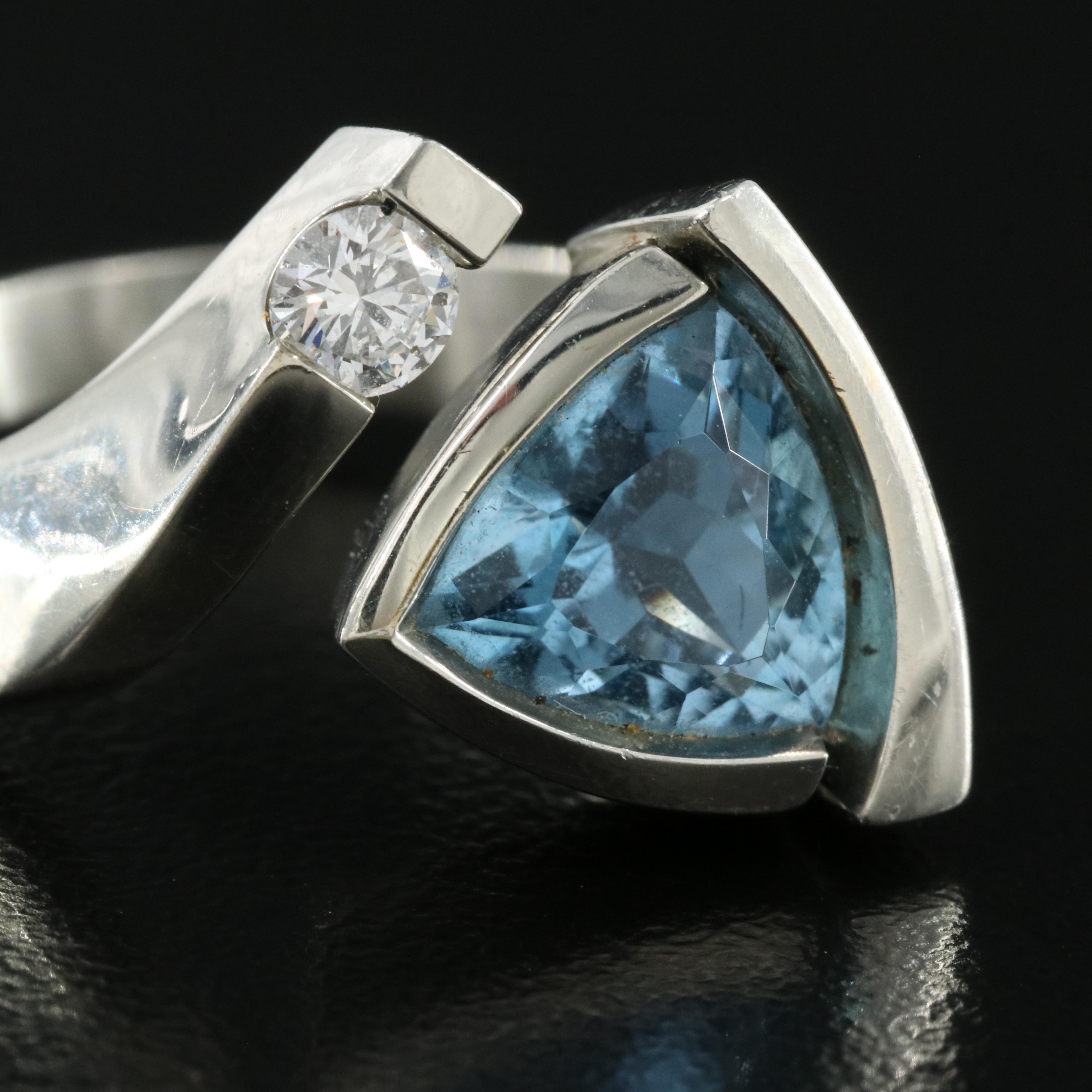 18K Aquamarine and Diamond Open Top Ring