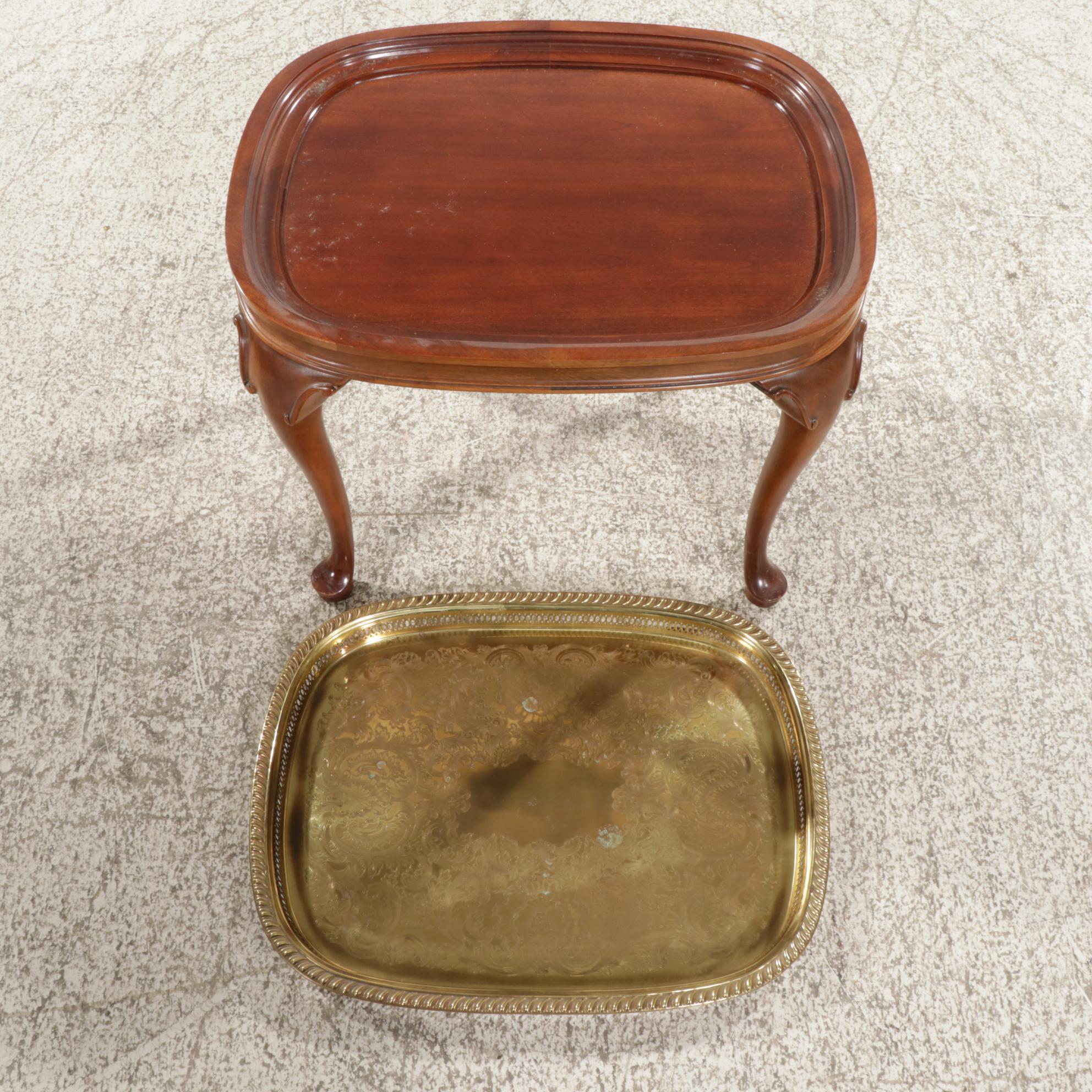 Hekman Furniture Queen Anne Style Brass Tray Top Side Table